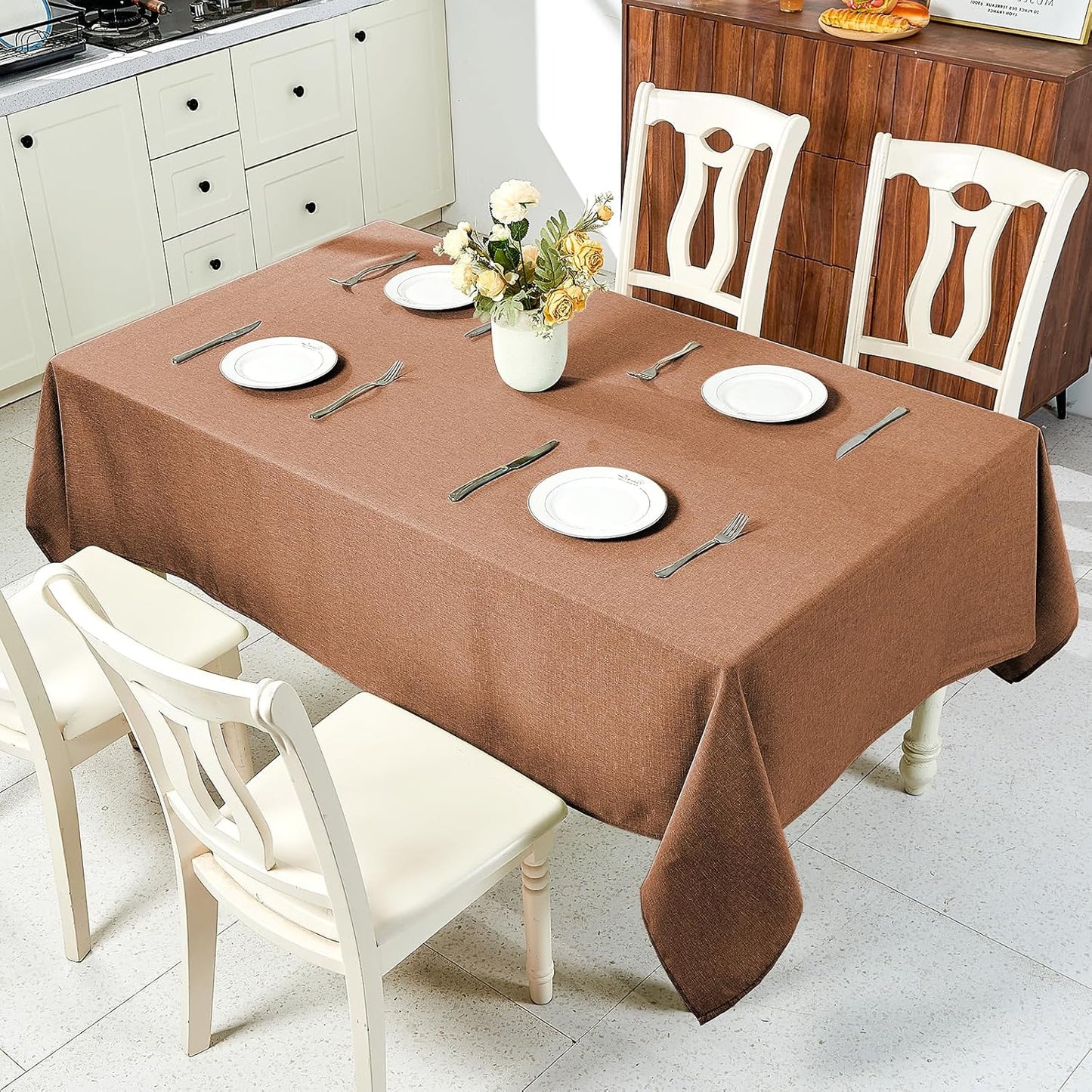 Textured Linen Table Cloth for Rectangle Tables - Coffee Tablecloths Rectangular Waterproof Wrinkle Free Wipeable Dining Table Cover for Spring Wedding Birthday Kitchen Decor, 52 X 70 Inch