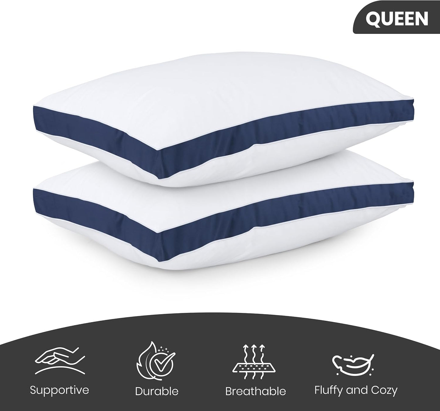 Bed Pillows for Sleeping Queen Size (Navy), Set of 2, Cooling Hotel Quality, Gusseted Pillow for Back, Stomach or Side Sleepers