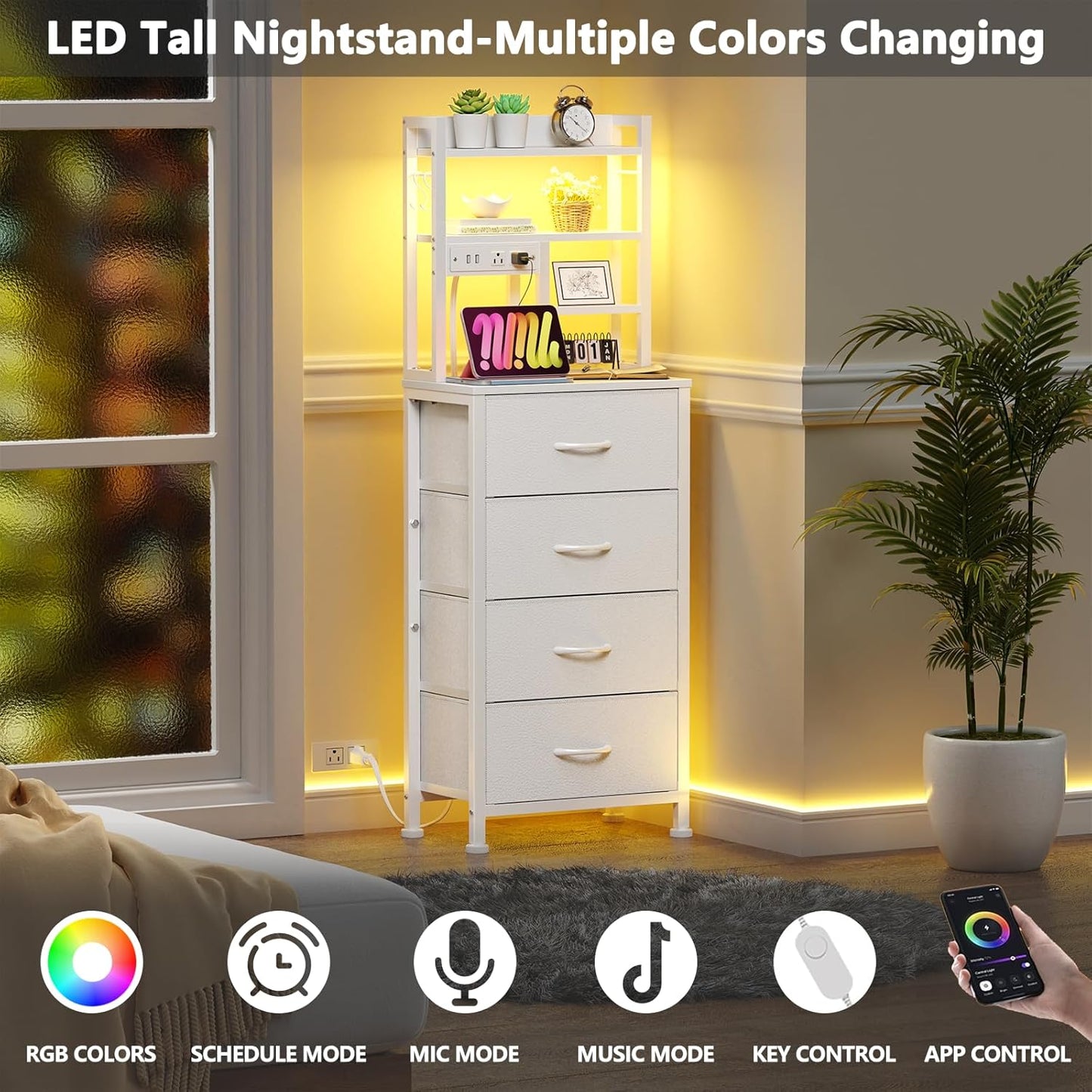 Tall LED Nightstand with Charging Station, USB Ports, 4 PVC Fabric Drawers, and 4-Tier Storage Shelf - Versatile Bedside Table for Bedroom, Dorm, or Office (White)