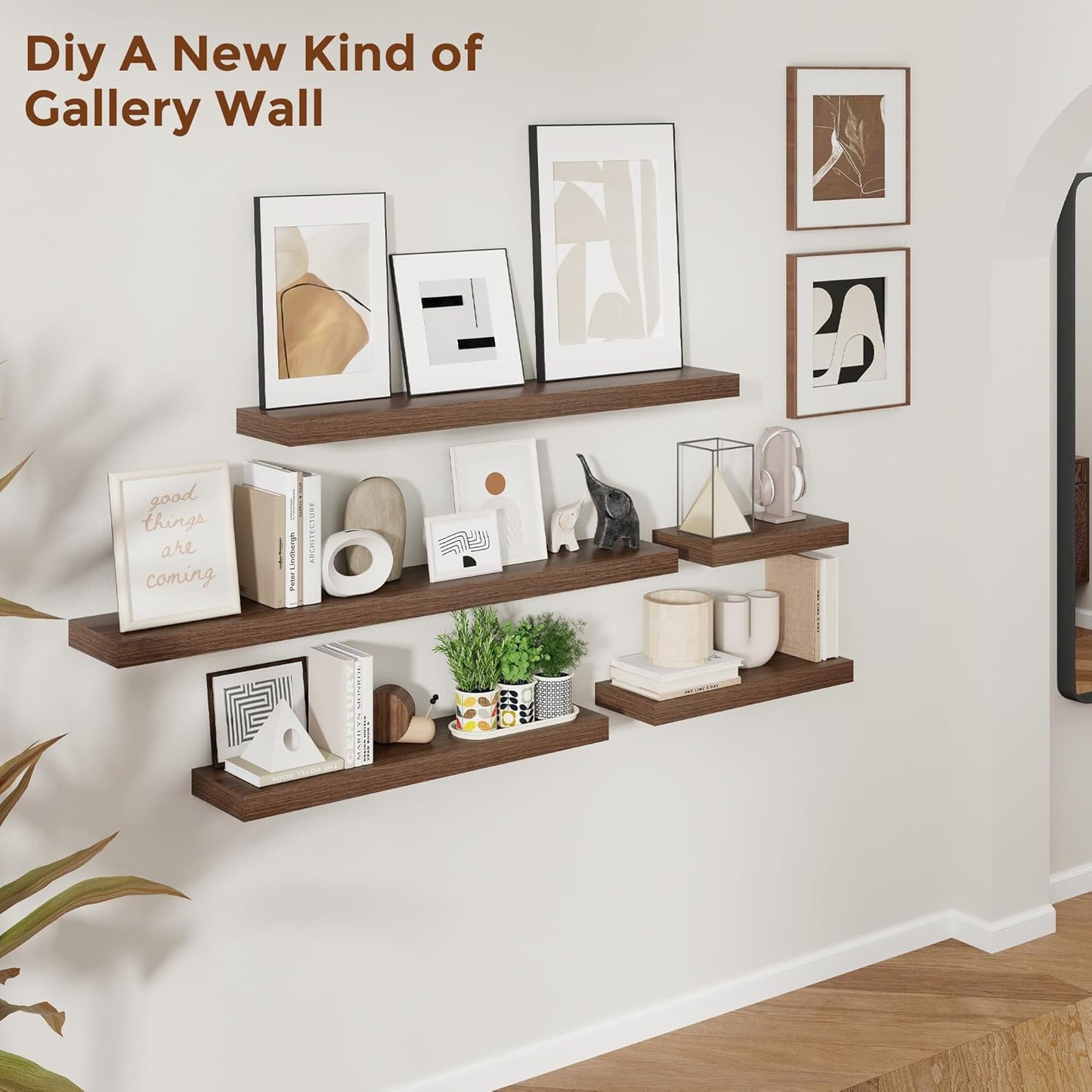 16 Inch Floating Shelves for Wall Walnut Shelves Set of 2,Wall Mounted Rustic Wood 8 Inch Deep Floating Shelf with Invisible Brackets for Bedroom Kitchen Living Room