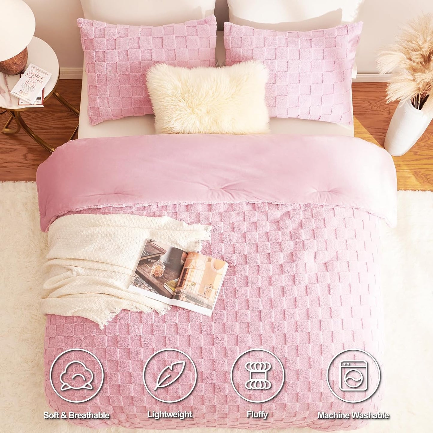 Queen Size Comforter Set Blush Pink, Fluffy Plush Fleece Comforter with Checkered Pattern, Farmhouse Boho Soft Warm Bed Set, 3 Pieces, 1 Comforter and 2 Pillowcases