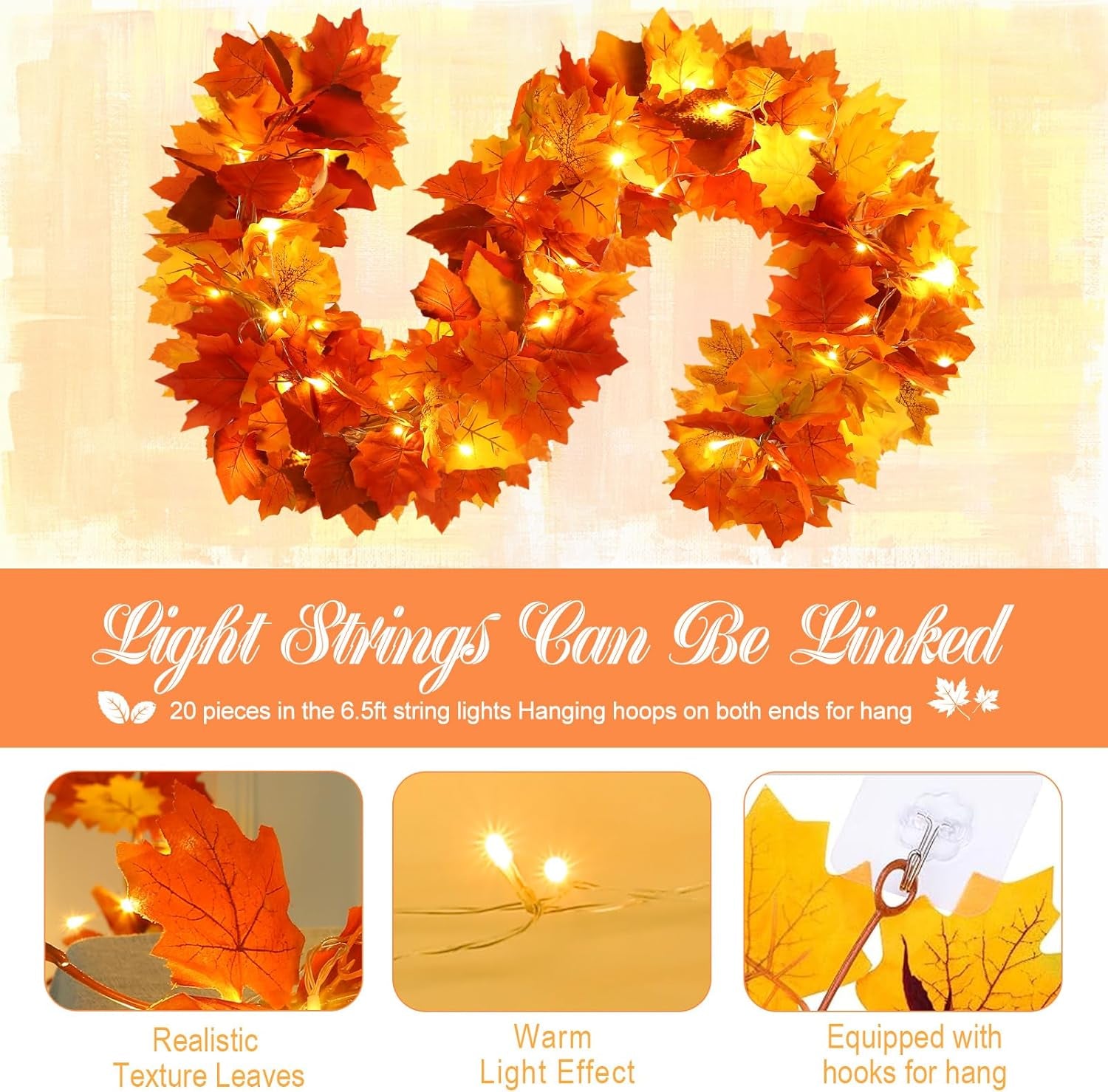 2 Pack Fall Garland with Lights, Fall Leaves for Mantle, Outdoor Lighted up Leaf Garland Autumn Decor with 6.5FT LED String Lights, Hanging Maple Leaves for Door, Thanksgiving Decor