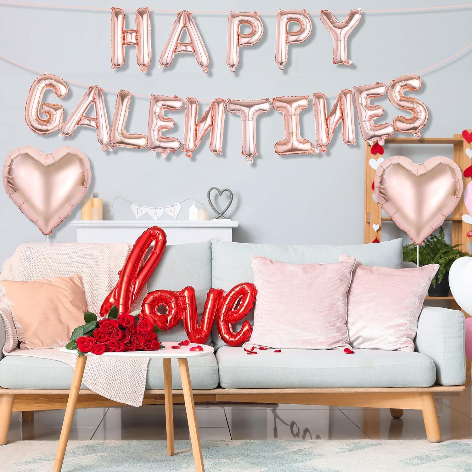 Happy Galentines Day Balloons Decorations, 16" Rose Gold 'HAPPY GALENTINES' Letters & Heart Shaped Balloons, Pink Valentines Day Party Supplies