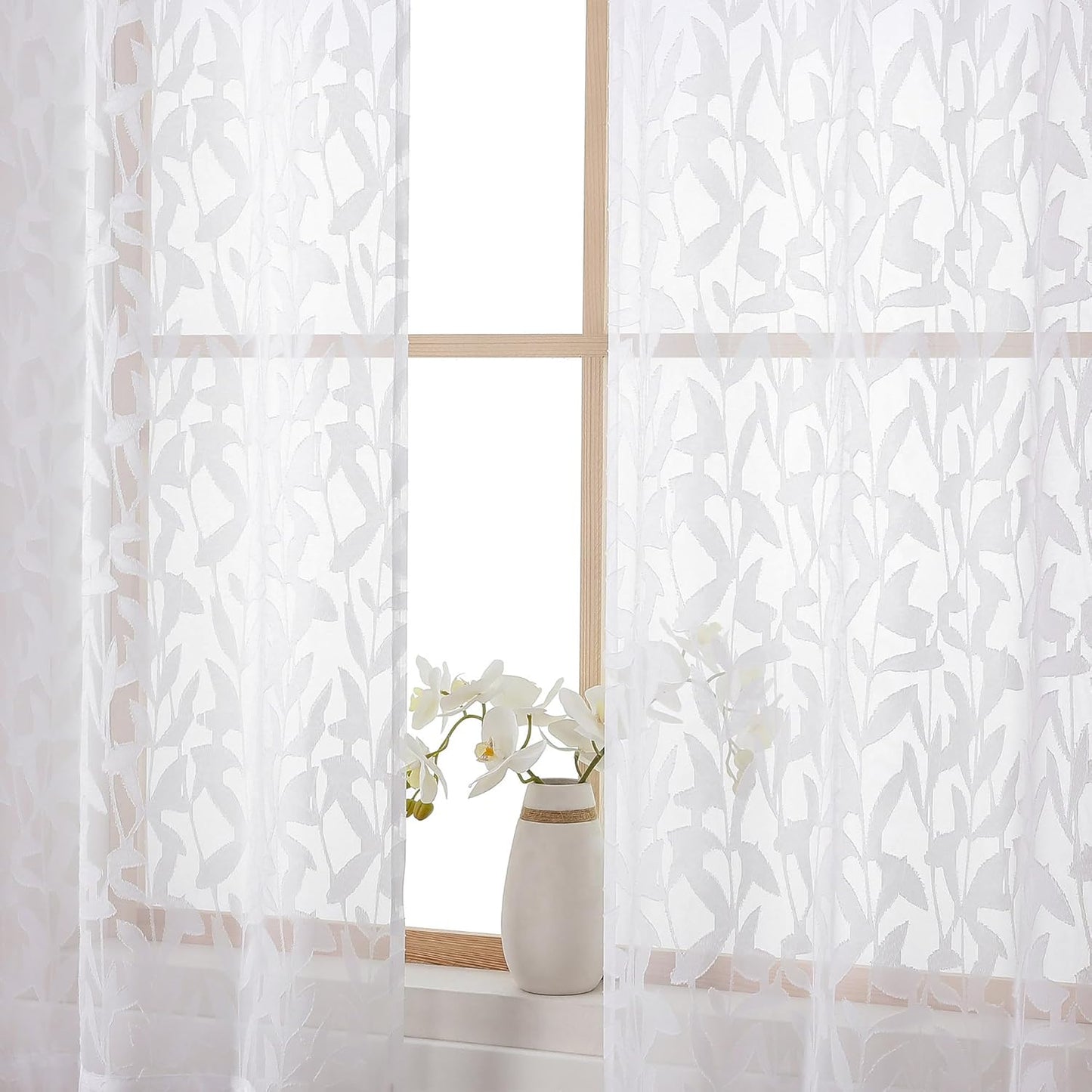 Leyna 2 Panels Sheer White Curtains 63 Inch Length for Bedroom, Soft Lightweight Jacquard Clip Window Curtain for Living Room, Double Rod Pockets Textured Drapes, Each 40Wx63L Inches