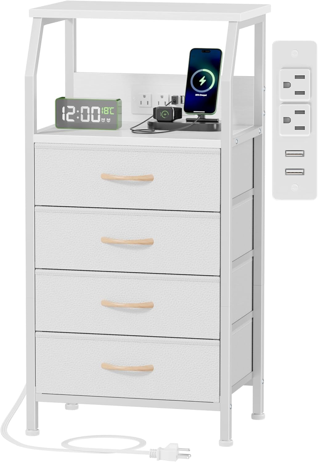 Elegant Nightstand with Integrated Charging Station, Versatile Dresser Featuring PVC and Fabric Drawers, 33.3-Inch Side Table with Open Shelf, Ideal for Bedroom, Closet, and Entryway Use, White Finish