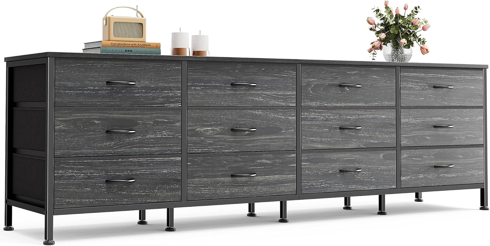70-Inch Charcoal Black Wood Grain Dresser and TV Stand for 65-80 Inch TVs with 12 Fabric Drawers - Large Storage Organizer Unit for Bedroom