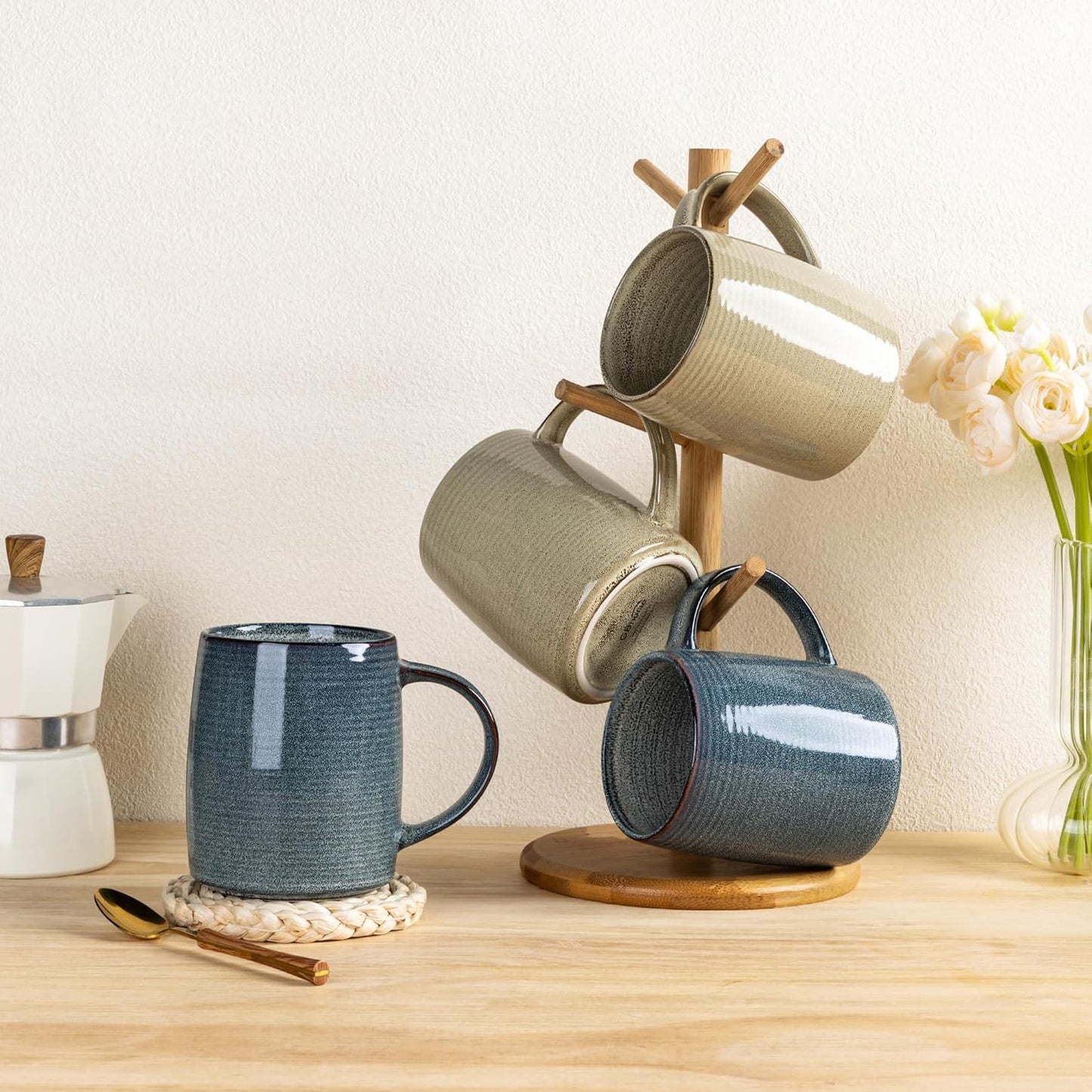 Set of 6 Large Handmade Stoneware Coffee Mugs, 18 Oz - Dishwasher & Microwave Safe, Multi-Color for Latte, Cappuccino, and Hot Cocoa