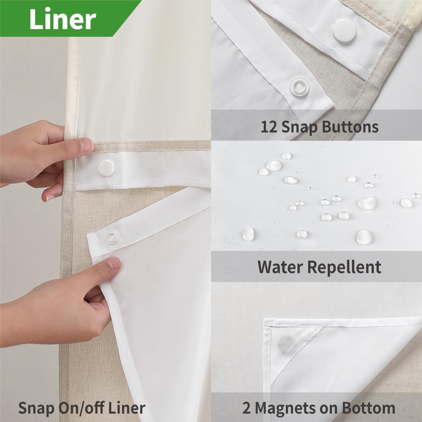 No Hooks Polyester Textured Shower Curtain with Snap-In Fabric Liner Set, Hotel Luxury Decor Shower Curtains for Bathroom with See through Top Window, Waterproof & Washable, 71Wx74H, Cream