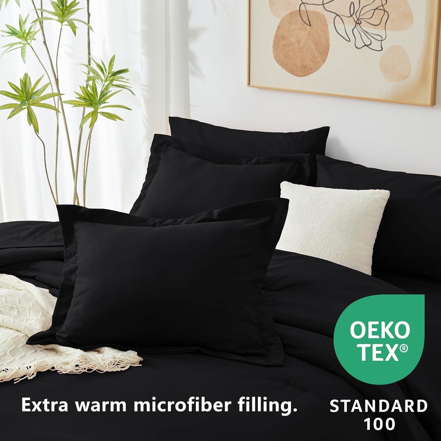 Queen Comforter Set Black, 7 Pieces Bed in a Bag Soft Bedding Comforter Set with Sheets, All Season Boho 7PC Bed Sets with Comforter, Fitted Sheets, Flat Sheets, Pillow Shams and Pillowcases