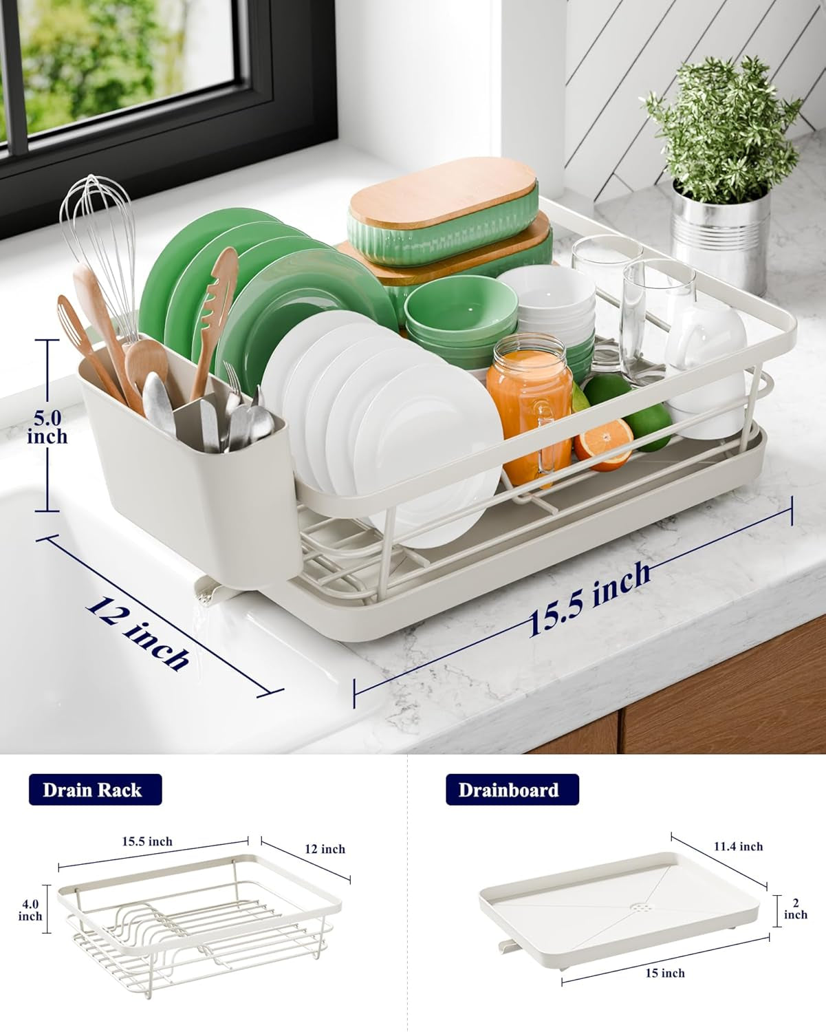 Dish Drying Rack for Kitchen Counter, Stainless Steel Sink Organization and Storage Essentials with Cutlery Holder, Home and Appartment Decor, 12''W X 15.5''L, Light Grey