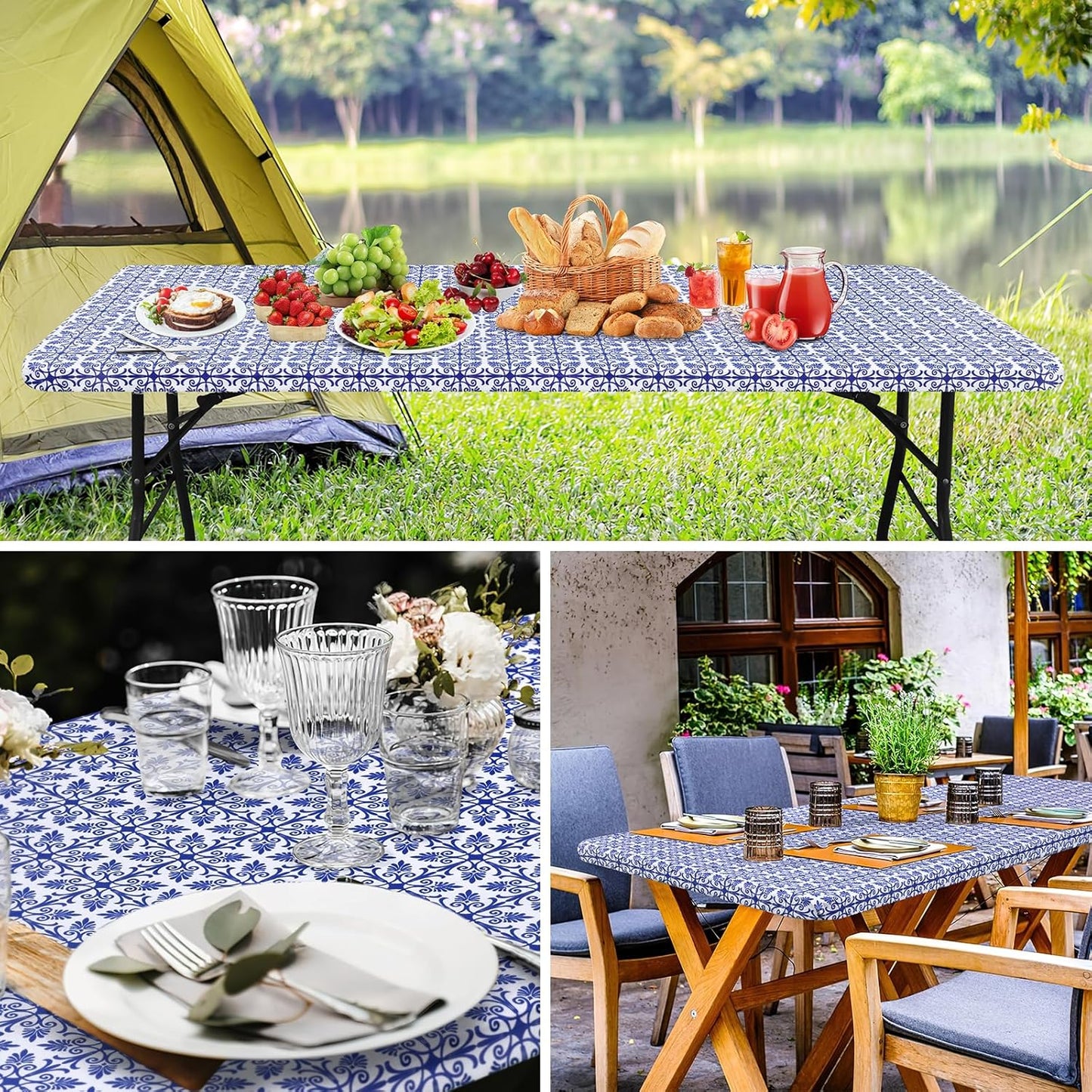 Rectangle Vinyl Table Cloth, Elastic Fitted Flannel Backed Tablecloth, 100% Waterproof Plastic Table Cover Fits 6 Foot Folding Tables for Picnic, Camping, Outdoor (Blue, 30" X 72")