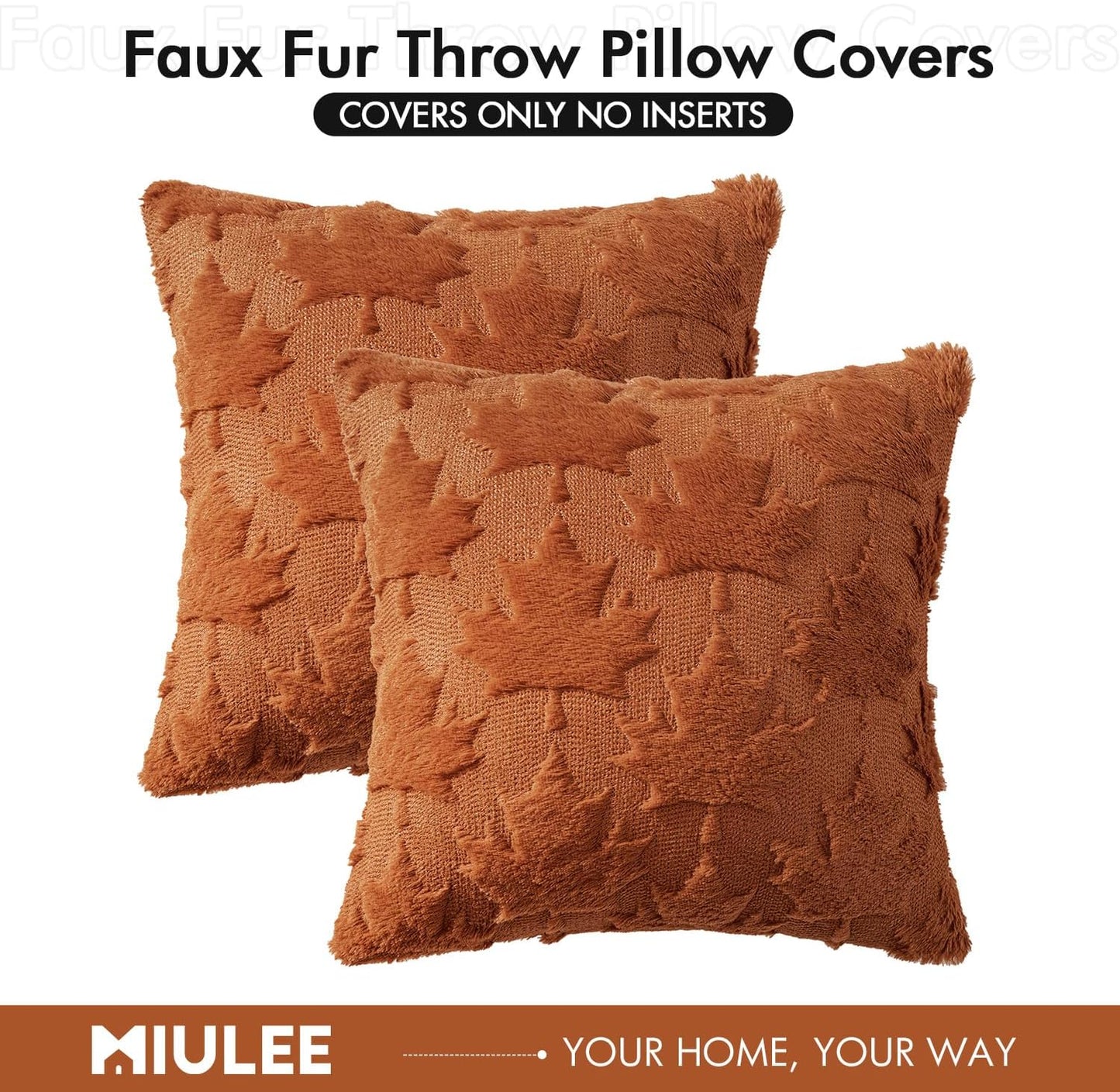 Fall Autumn Throw Pillow Covers 18X18 Rust Set of 2 Thanksgiving Decorative Solid Maple Leaf Pattern Accent Pillow Covers Soft Plush Faux Wool for Home Decor Holiday Outdoor Porch Bedroom