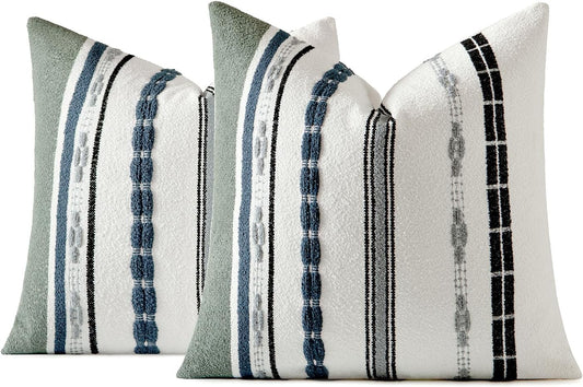 Fall Set of 2 Decorative Throw Pillow Covers Boho Farmhouse Cushion Covers Chenille Striped Pillow Covers Soft Accent Neutral Pillowcases for Sofa Couch Bed Home Decor,18×18 Inch,Black