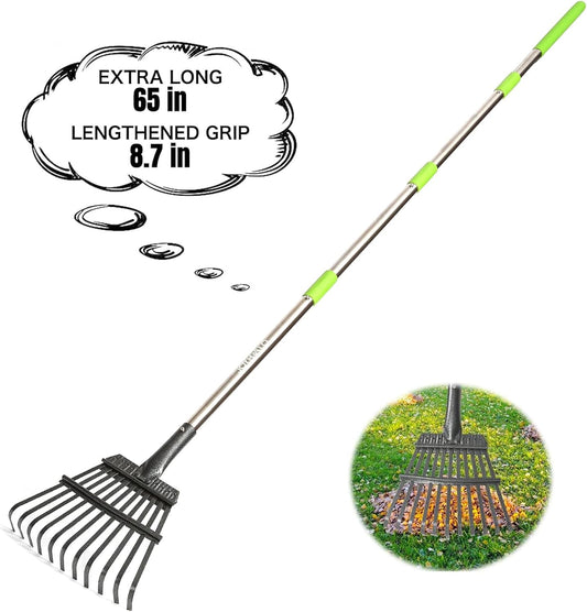 Small Leaf Rake, 8.5 Inch Wide Head with 11 Tines, Metal Garden Rake with Adjustable Handle 38.5 to 65 Inch for Gardening, Leaves, Weeds, Debris
