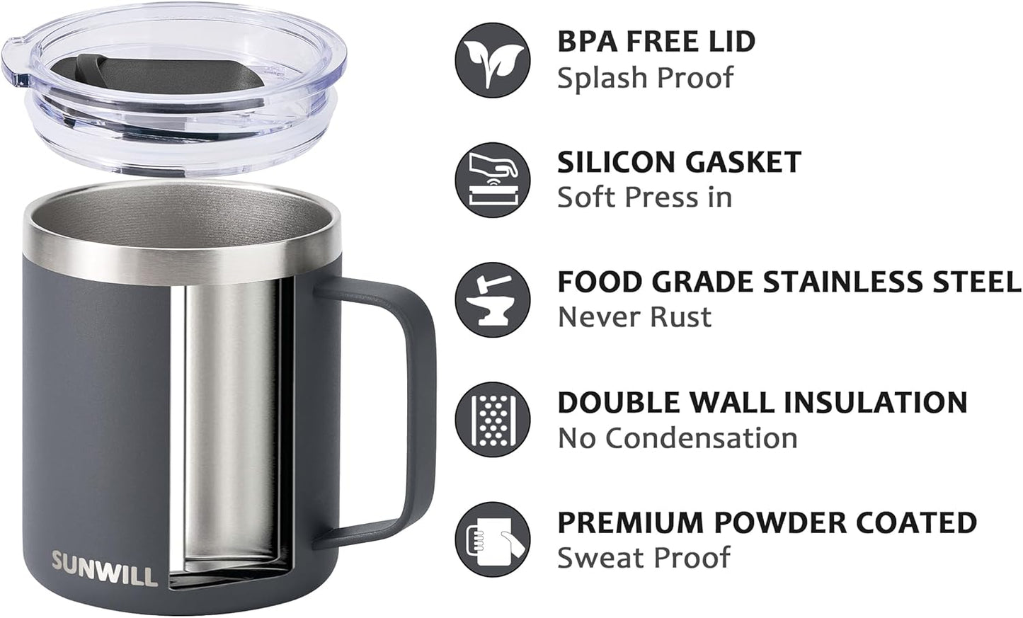 Travel Coffee Mug with Lid, Insulated Tumbler with Handle, 14 Oz Stainless Steel Cup for Home, Office, Camping, Powder Coated Charcoal