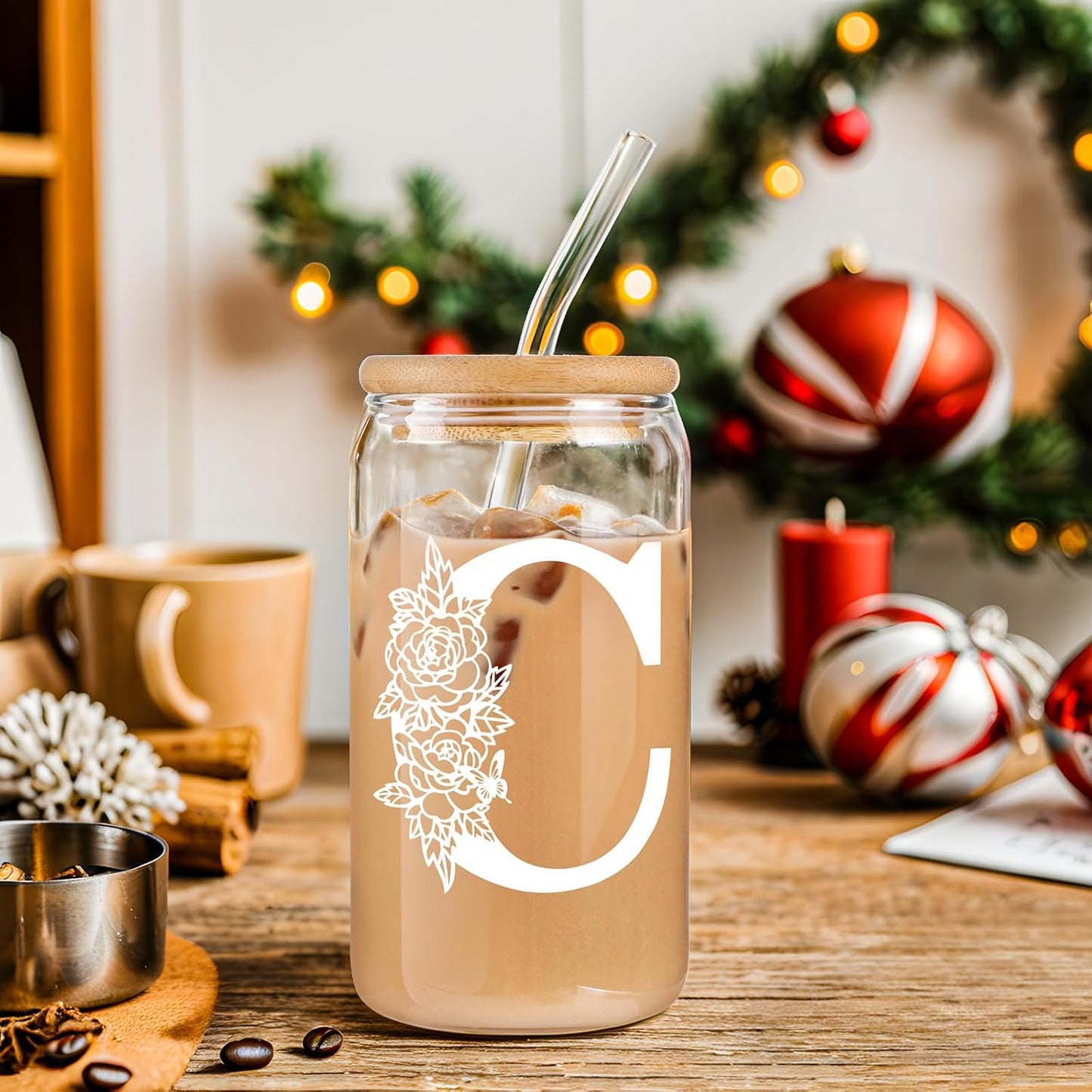 Gifts for Holidays,Birthday Gifts for Women,Personalized Initial Glass Cup as Iced Coffee Cups,Aesthetic Smoothie Cup Cute Beer Tumbler,16 Oz Glass Cups with Lids and Straws-C(1Psc)