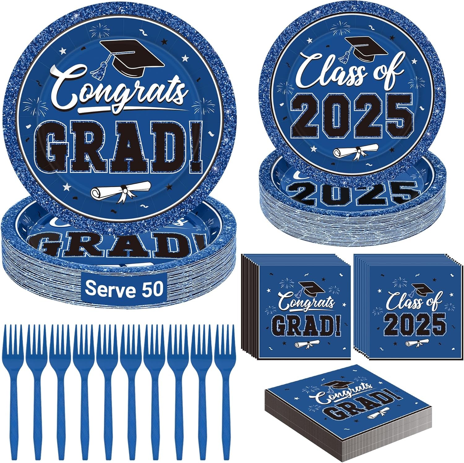 50 SET Graduation Plates and Napkins 2025 and Forks, Blue Graduation Paper Plates Class of 2025, Disposable Blue Plate and Napkins Party Supplies Decorations Class of 2025
