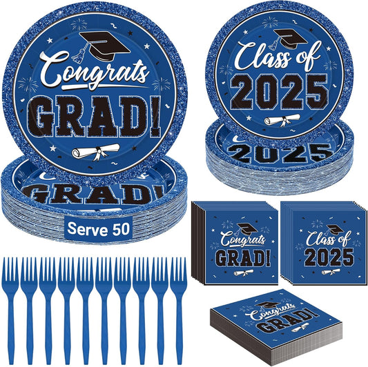 50 SET Graduation Plates and Napkins 2025 and Forks, Blue Graduation Paper Plates Class of 2025, Disposable Blue Plate and Napkins Party Supplies Decorations Class of 2025