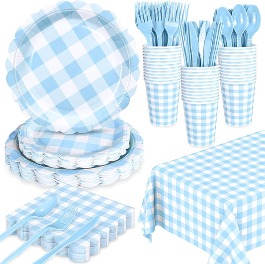 176 PCS Light Blue Gingham Plates and Napkins, Blue Checkered Disposable Plates Set with Napkins Cups Plastic Spoons Forks Knives for Dinner Birthday Baby Shower Wedding Supplies Serve 25 Guests