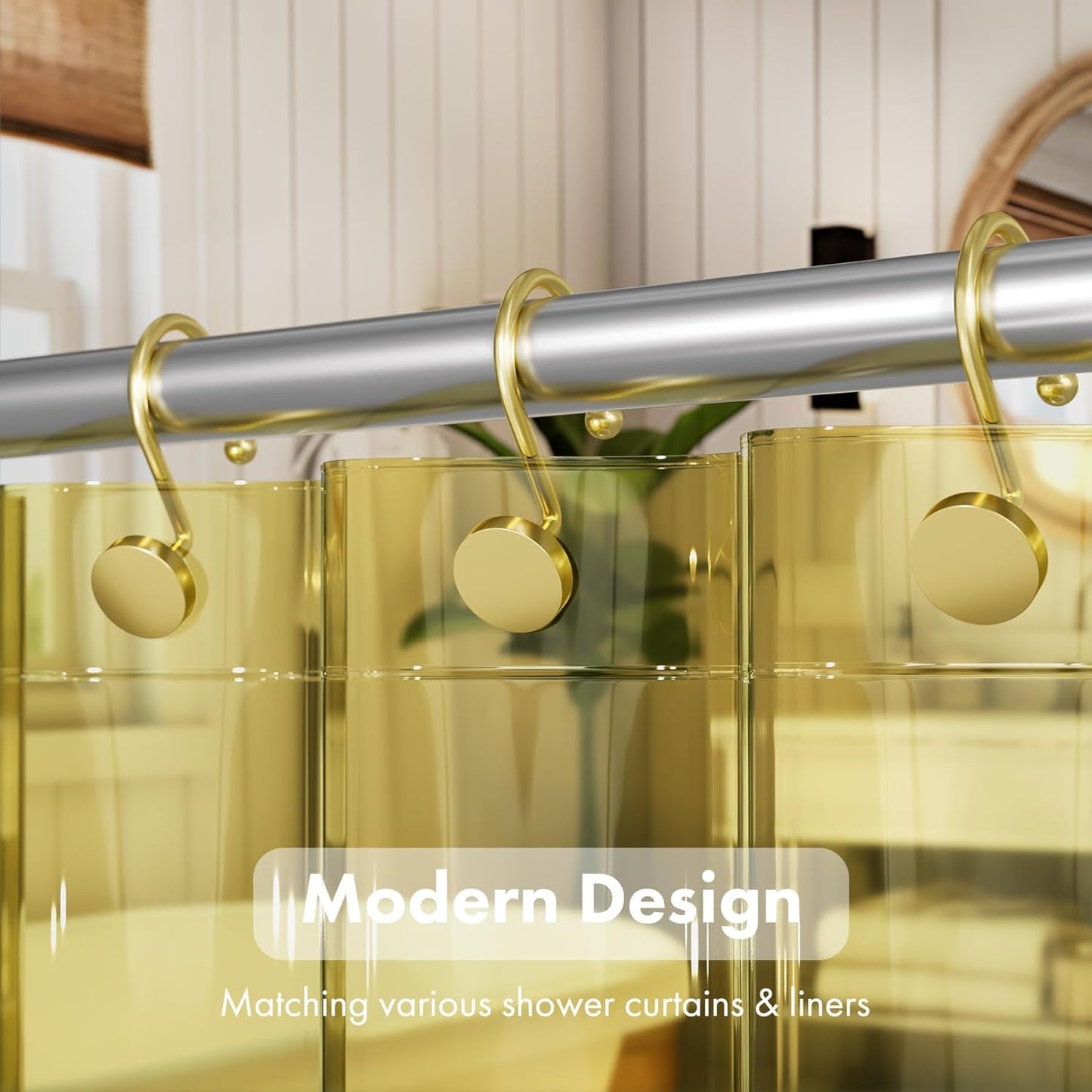 Gold Shower Curtain Hooks, Shower Curtain Rings Modern Decorative Shower Curtain Hooks Rust Proof Smooth Metal Shower Hooks for Shower Curtain Hangers Bathroom Shower Rod Hook, 12Pcs