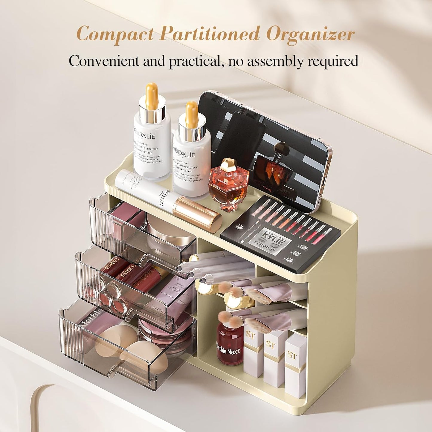 Makeup Organizer with Drawers, Multi-Function Vanity Organizer Countertop, Stackable Desk Organizer for Makeup Brush Lipstick Skincare Bathroom Vanity Organization and Storage, Ivory