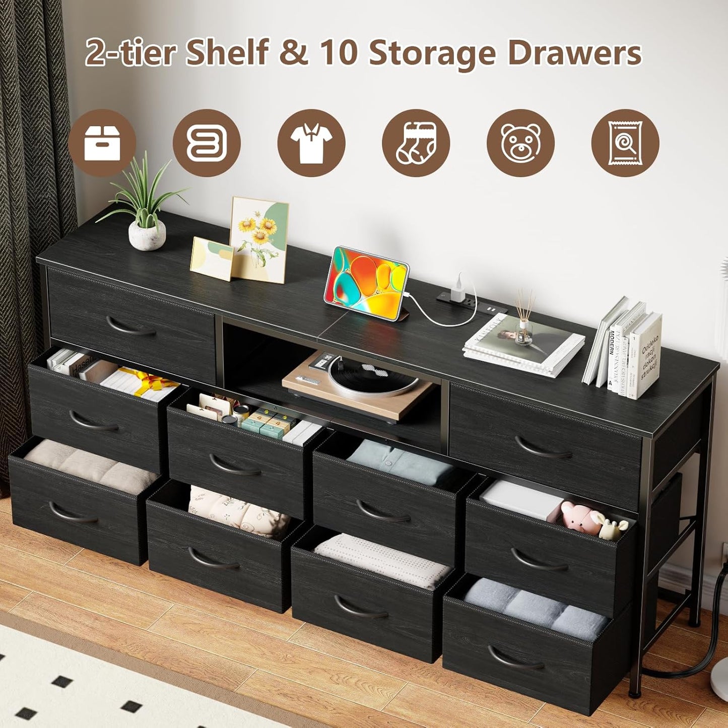 63-Inch Black Dresser and TV Stand for 65 to 75 Inch TVs, Featuring 10 Fabric Drawers, Power Outlet, and LED Lighting