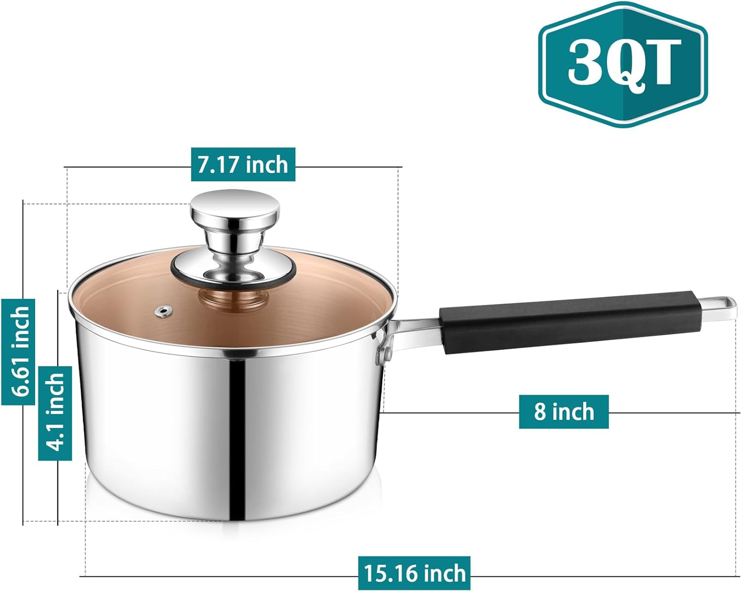 3 Quarts Sauce Pan and Pot with Lid, Tri-Ply Stainless Steel Saucepan Cookware for Induction & Multi Stoves, Heat-Proof Handle & Visible Glass Lid, Dishwasher Safe