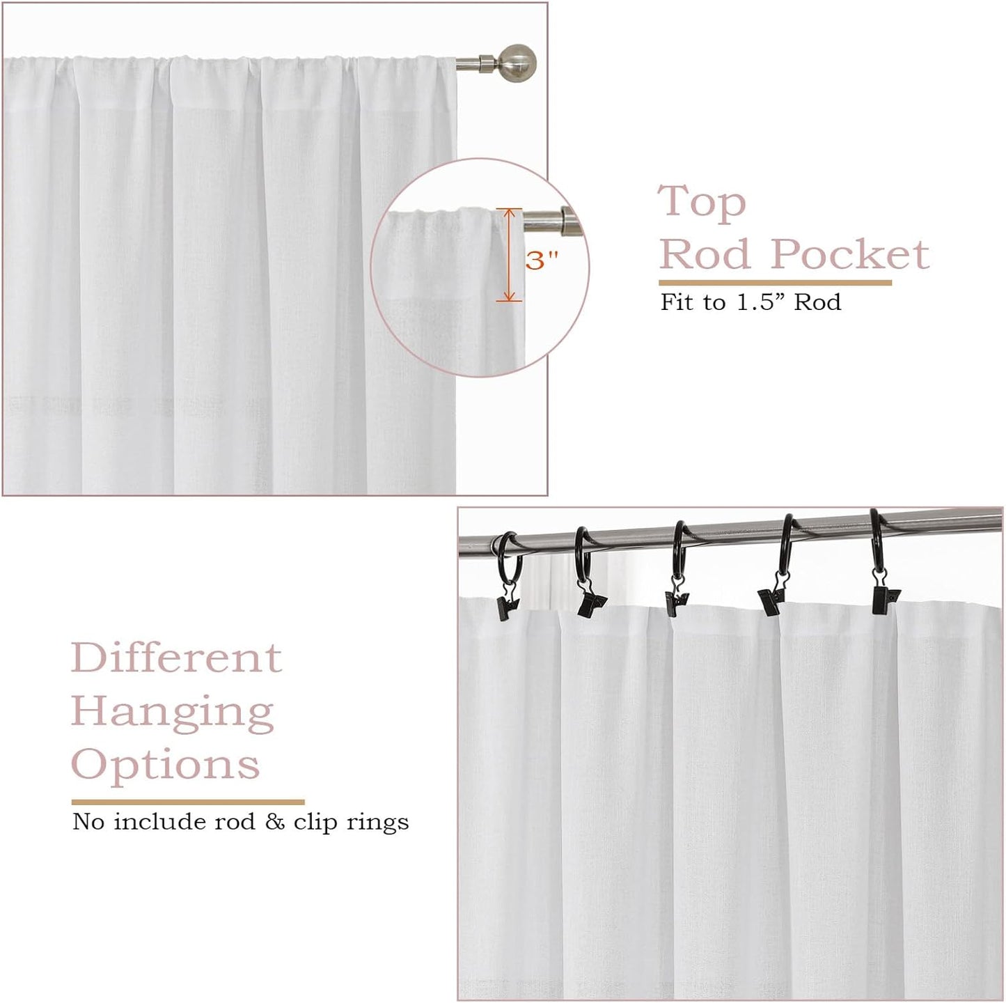 White Short Faux Linen Textured Cafe Kitchen Curtains 36 Inch Length 2 Panels, over Sink Semi Sheer Farmhouse Light Filtering Panels Rod Pocket Drapes for Bathroom Window, 40 X 36 Inch