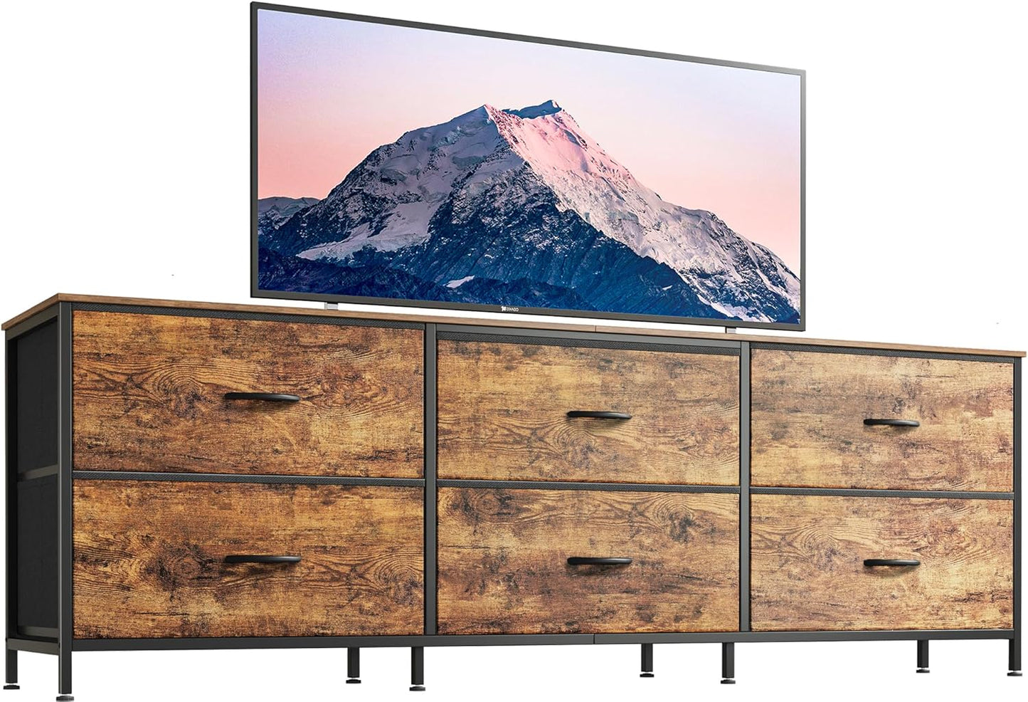 63-Inch Rustic Brown Dresser and TV Stand, Suitable for 55 to 70 Inch TVs, Featuring 6 Fabric Drawer Storage for Bedroom and Entryway Organization