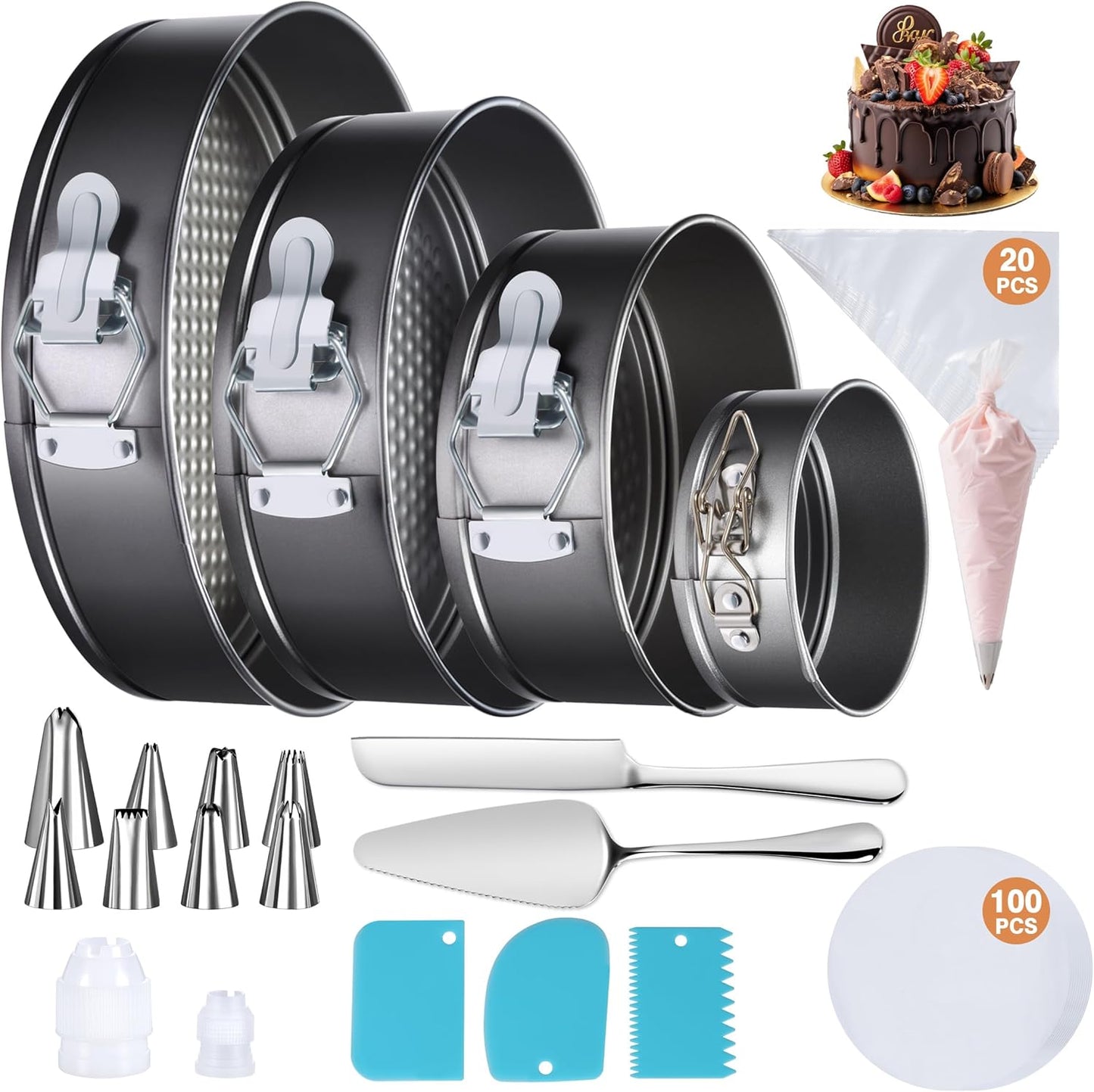 139PCS Springform Cake Pan Set - 4 Non-Stick Cheesecake Pans(4/7/9/10-Inch) + Cake Decorating Supplies: Parchment Paper, Pastry Bags and Tips, Icing Scrapers, Cake Cutting Set & More!