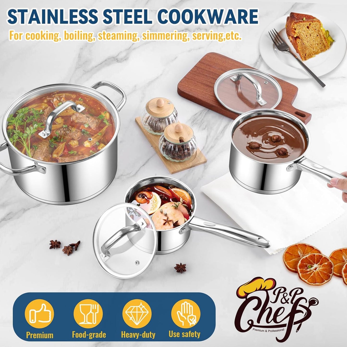 10 Pcs Pots and Pans Sets, Stainless Steel Cookware Set of 6 for Kitchen, Induction Cooking Pot & Saucepans with Glass Lids, Nonstick Frying Pans & Saute Pan