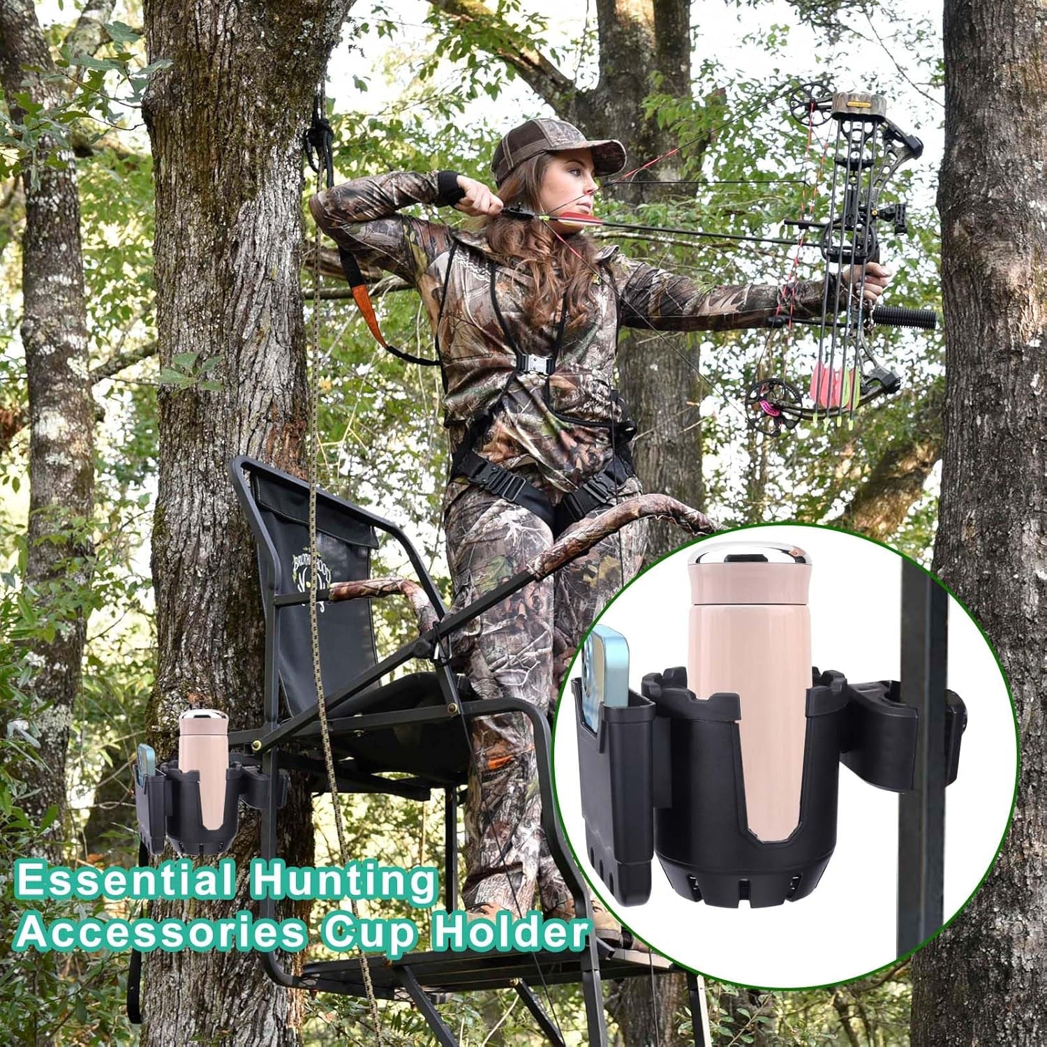 Hunting Accessories,Tree Stand Cup Holder for Deer Duck Turkey Hunting Essentials,Hunt Gear Gifts for Men,Tethered Saddle Huntings Platform System Kit Hunt Ground Blind Swivel Chair Equipment (1PCS)