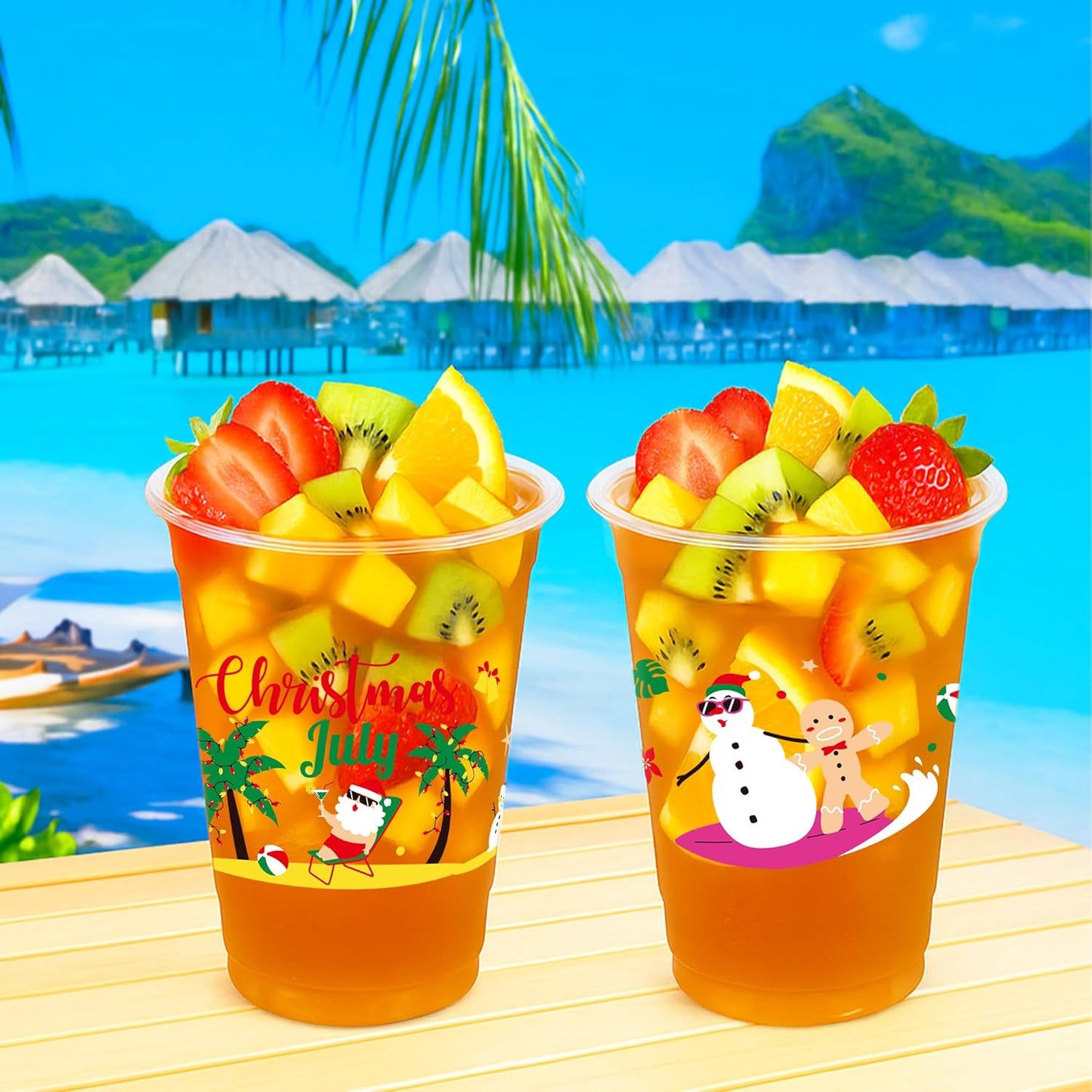 50 Pcs July Christmas Plastic Cups, 14 Oz Xmas in July Party Decorations, Santa Summer Christmas Disposable Plastic Cups, Clear Cup for Tropical Beach Bbqs Summer Hawaiian Party Supplies