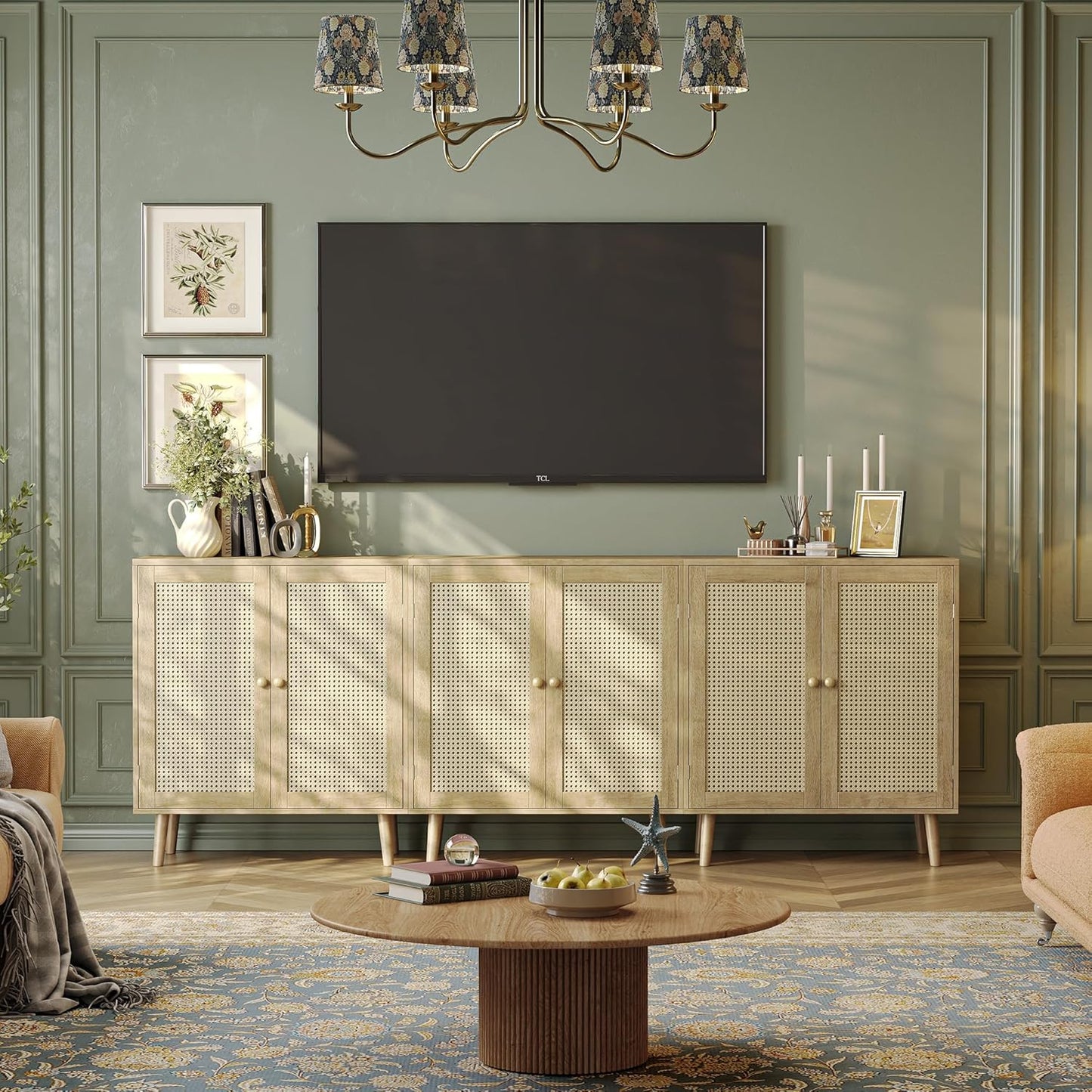 Buffet Cabinet with Storage and PE Rattan Decor Doors, Accent Sideboard with Solid Wood Legs for Hallway, Entryway, and Living Room in Natural Finish