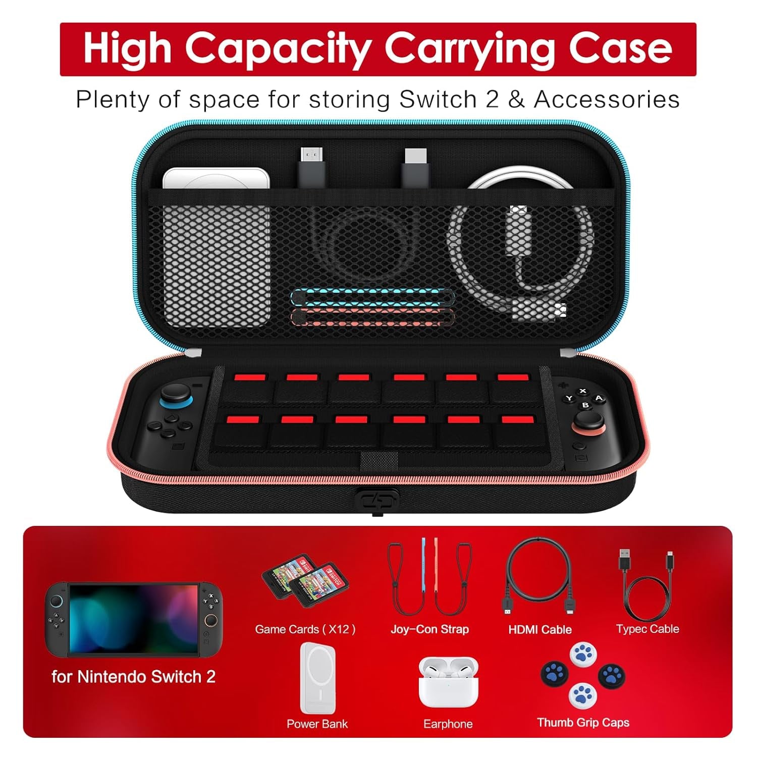 [Charge inside Carrying Case for Nintendo Switch 2 Console 2025, Travel Case with Charging Cable Port, Holds 12 Game Cards Cartridge for Switch 2 Accessories– Black