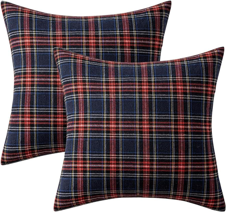 Scottish Tartan Plaid Throw Pillow Covers - Set of 2, 18x18 Inch Decorative Cushion Cases for Farmhouse and Outdoor Use, Blue
