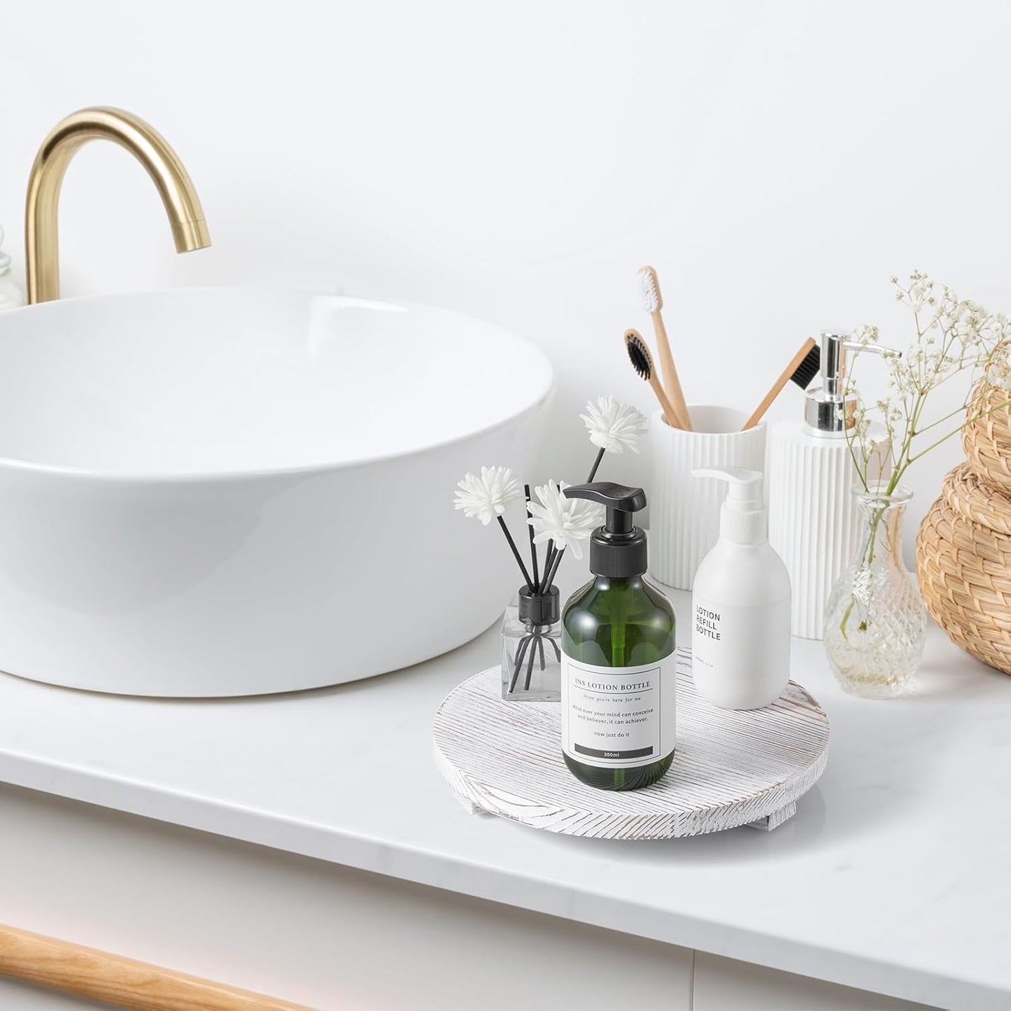 Round Wood Tray Farmhouse Bathroom Decor Pedestal Stand Decorative Kitchen Vanity Counter Sink Accessories Wooden Riser for Soap Dish, Perfume, Candle, Sponge, 9", Rustic White