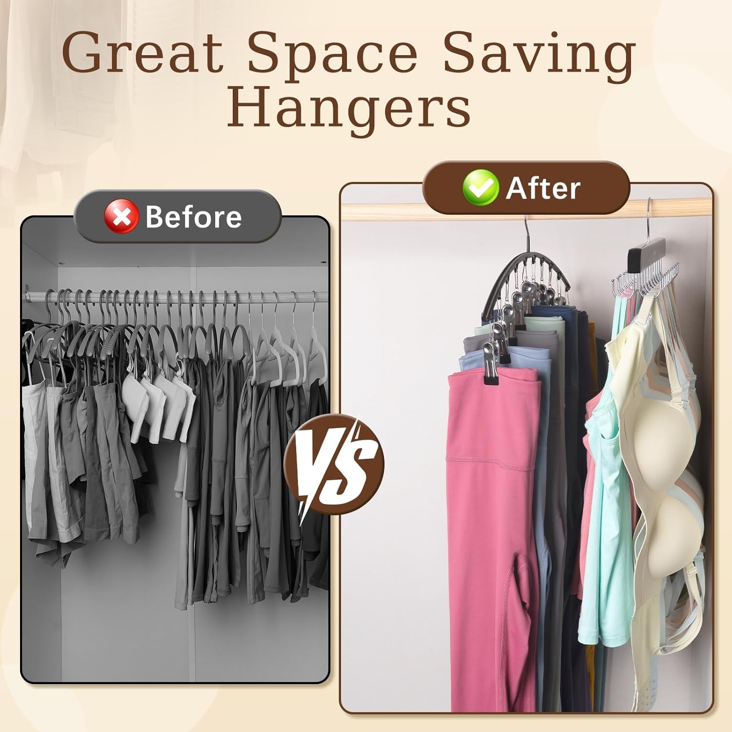 2 Pack Legging Organizer& Bra Hanger, 2 in 1 Space Saving Hanger Max 30 Leggings & Bras Capacity for Closet Organizers and Storage, Metal Yoga Pant Hangers& Foldable Wood Tank Top Organizer