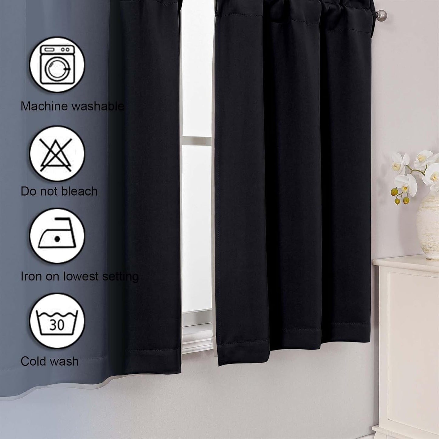 Short Black Out Curtains 36 Inch Length, Small Blackout Curtain Tier Thermal Insulated Half Window Curtains for Kitchen Basement Cabinet Camper RV Bunk, 2 PCS, Each 30" Wx36 L, Black