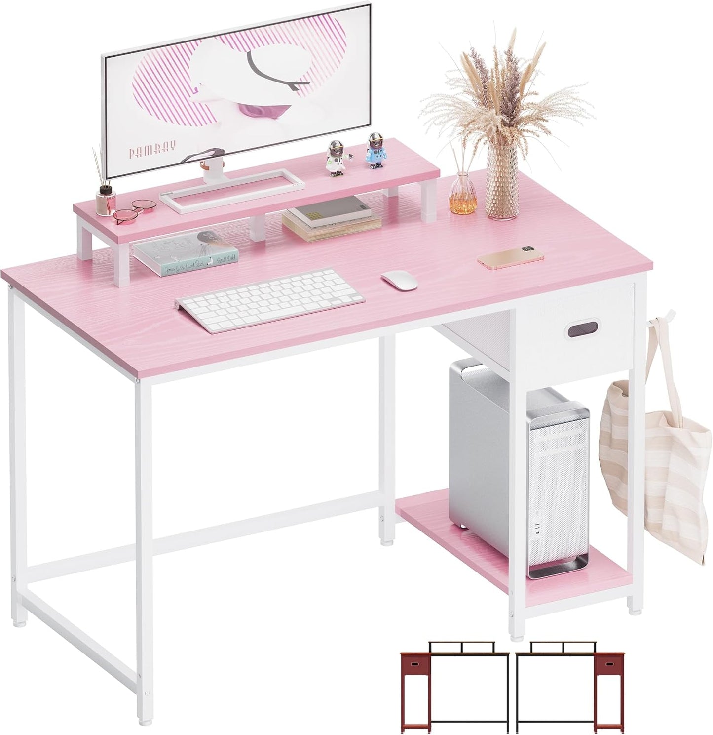 39 Inch Computer Desk with Monitor Stand Small Home Office Desks with Non-Woven Storage Drawer for Bedroom Study Table Writing and Work Desk Pink