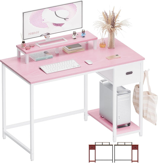 39 Inch Computer Desk with Monitor Stand Small Home Office Desks with Non-Woven Storage Drawer for Bedroom Study Table Writing and Work Desk Pink