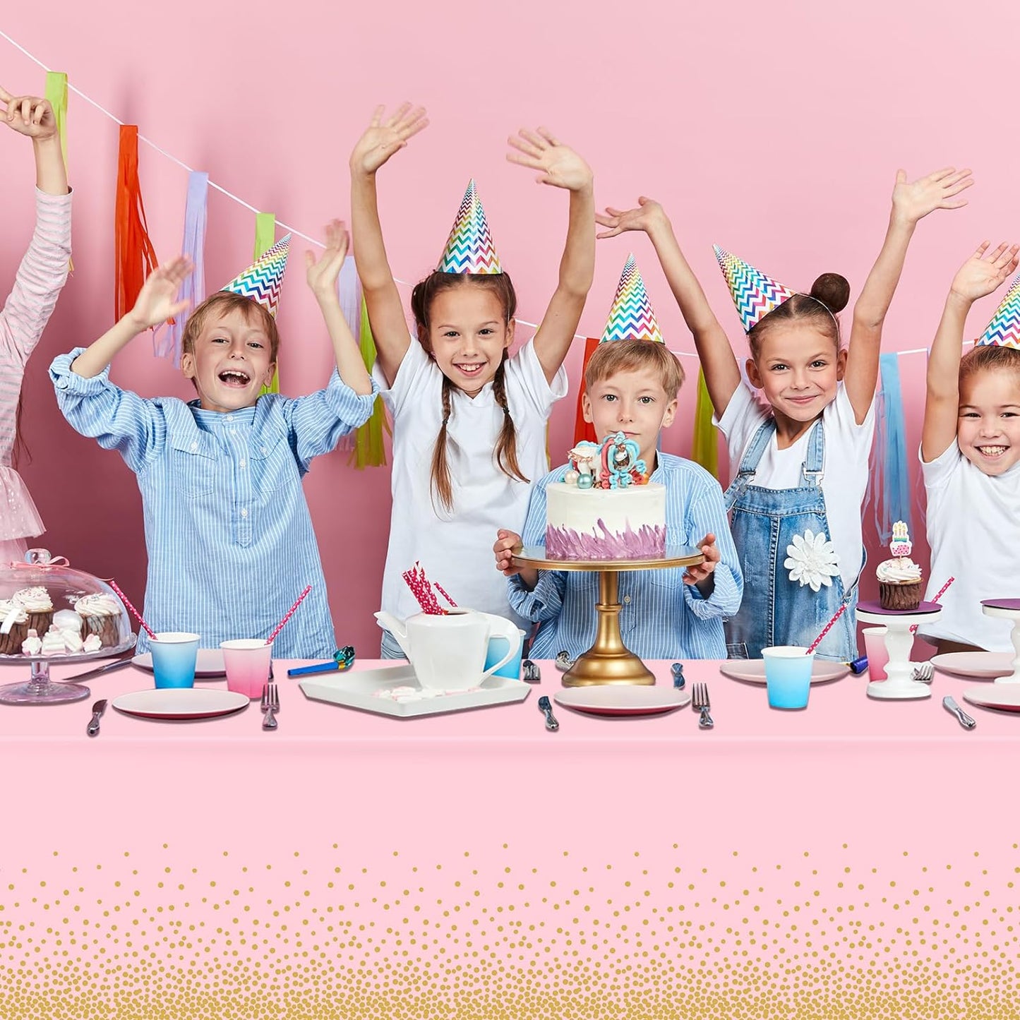 1 Pack Pink and Gold Plastic Tablecloth for Parties, Pink Disposable Table Cloth for Rectangle Tables, Gold Stamping Dot Confetti Light Pink Tablecloth for Birthday Wedding Baby Shower Party, 54X108"