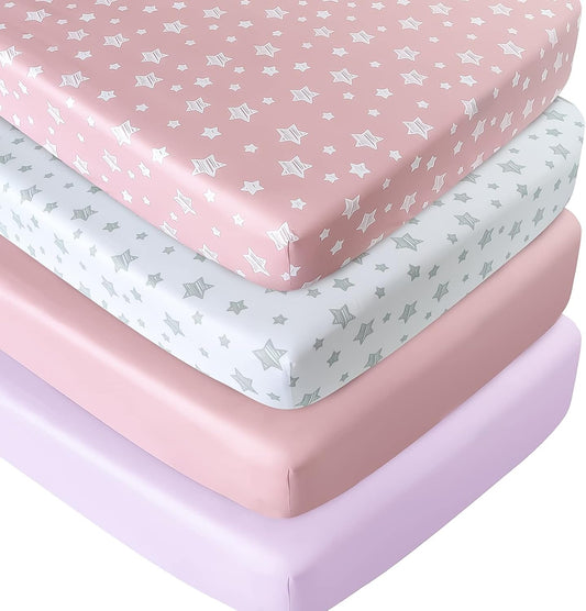 Crib Sheets for Girls 4 Pack, Fitted Crib Sheets for Standard Size Crib and Toddler Mattresses, Soft and Breathable Baby Gift Girl Set, Pink