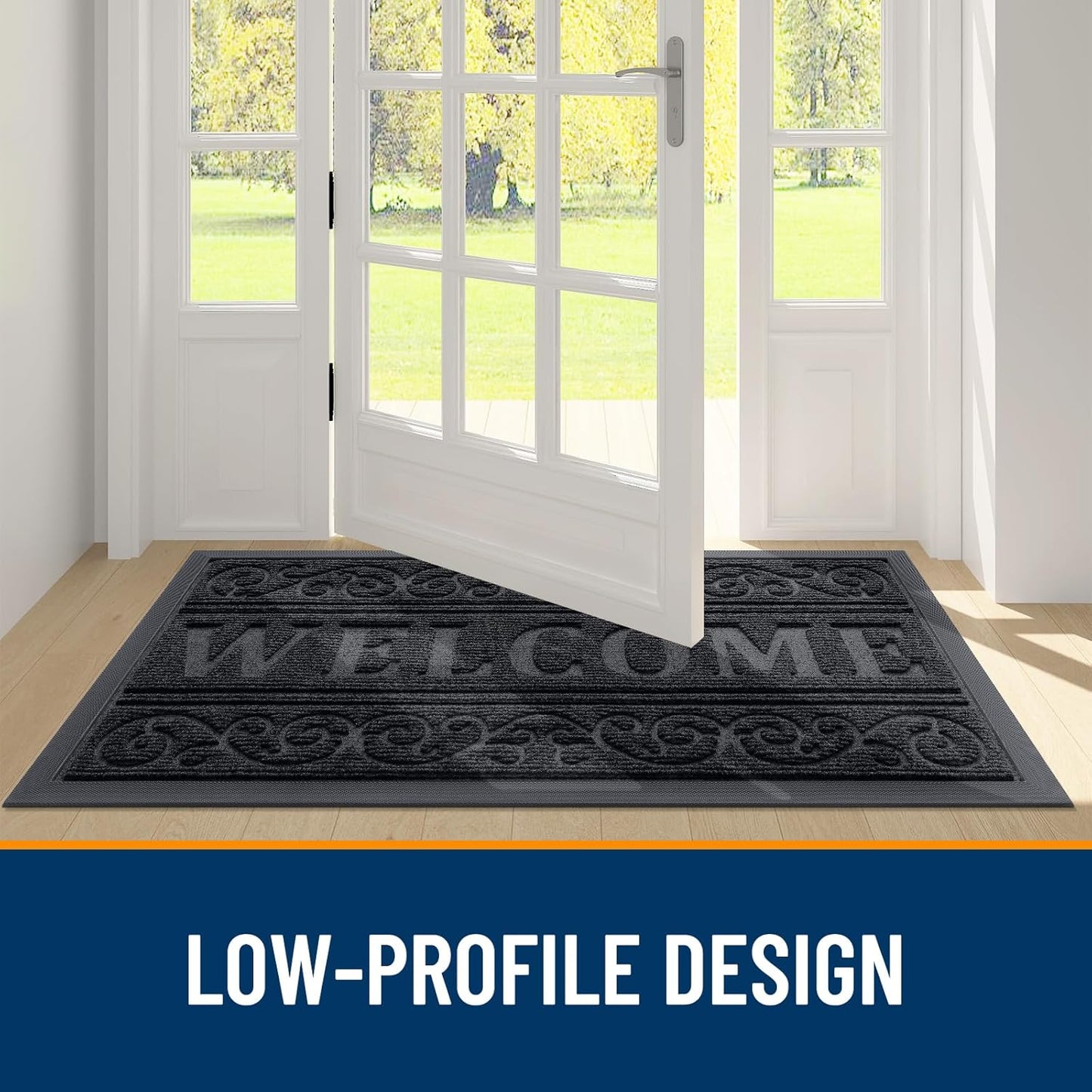 Welcome Door Mat Indoor Outdoor Entrance, Heavy Duty Sturdy Front Door Mat, Waterproof All-Weather Doormat, Stain Resistant, Low Profile, Easy Clean Patio Entryway Mat, 29.5 X 17, Black