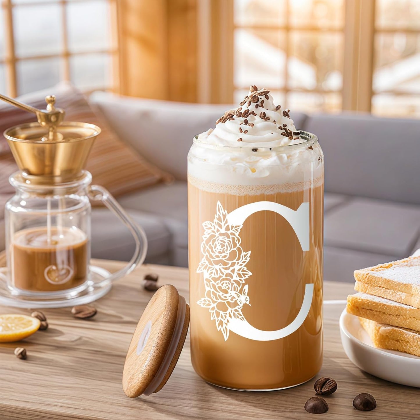 Gifts for Holidays,Birthday Gifts for Women,Personalized Initial Glass Cup as Iced Coffee Cups,Aesthetic Smoothie Cup Cute Beer Tumbler,16 Oz Glass Cups with Lids and Straws-C(1Psc)