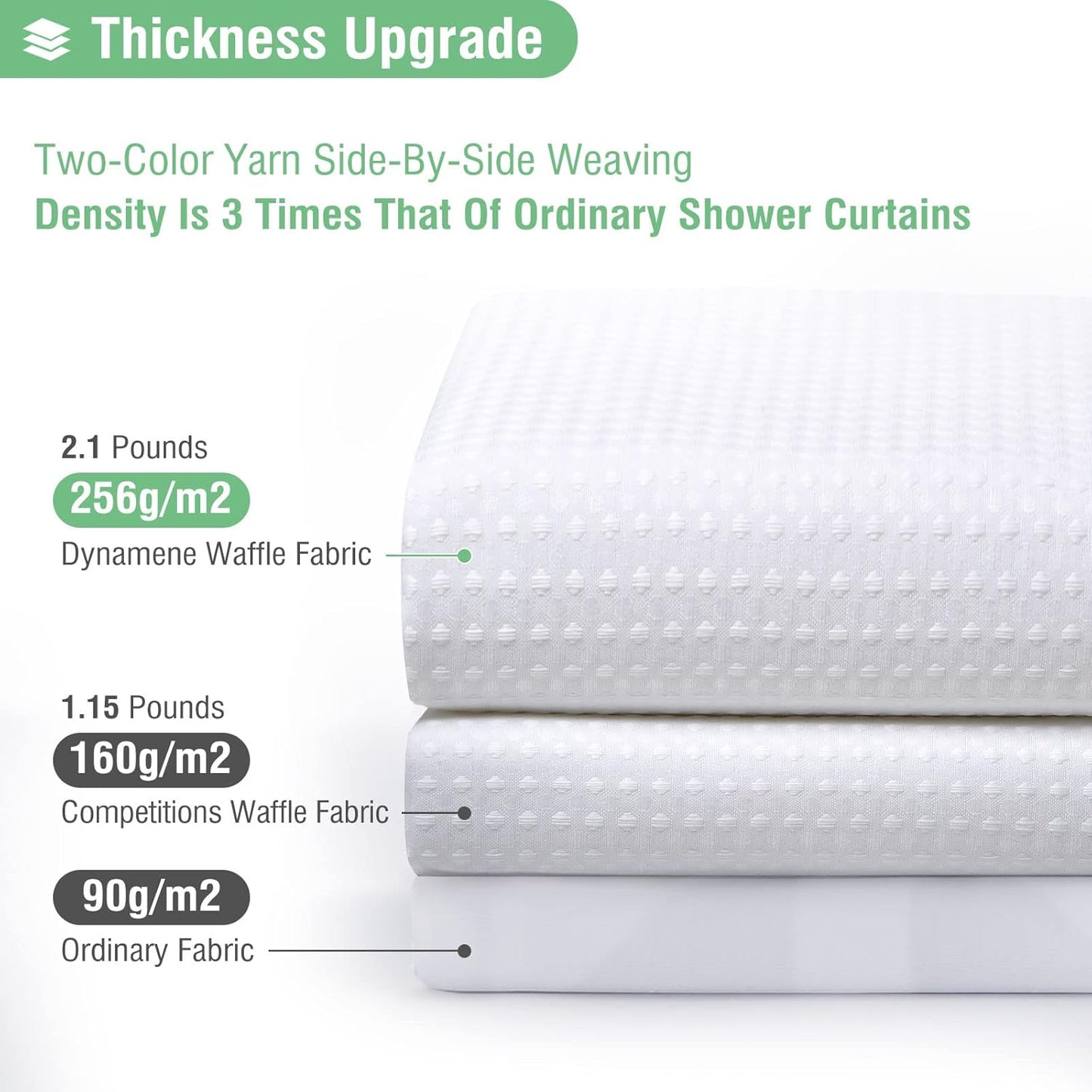 White Fabric Shower Curtain, Waffle Weave Heavy Duty Hotel Luxury Cloth Shower Curtains for Bathroom, 72 Inch 256GSM Weighted Bath Curtain Set with 12 Plastic Hooks,72X72