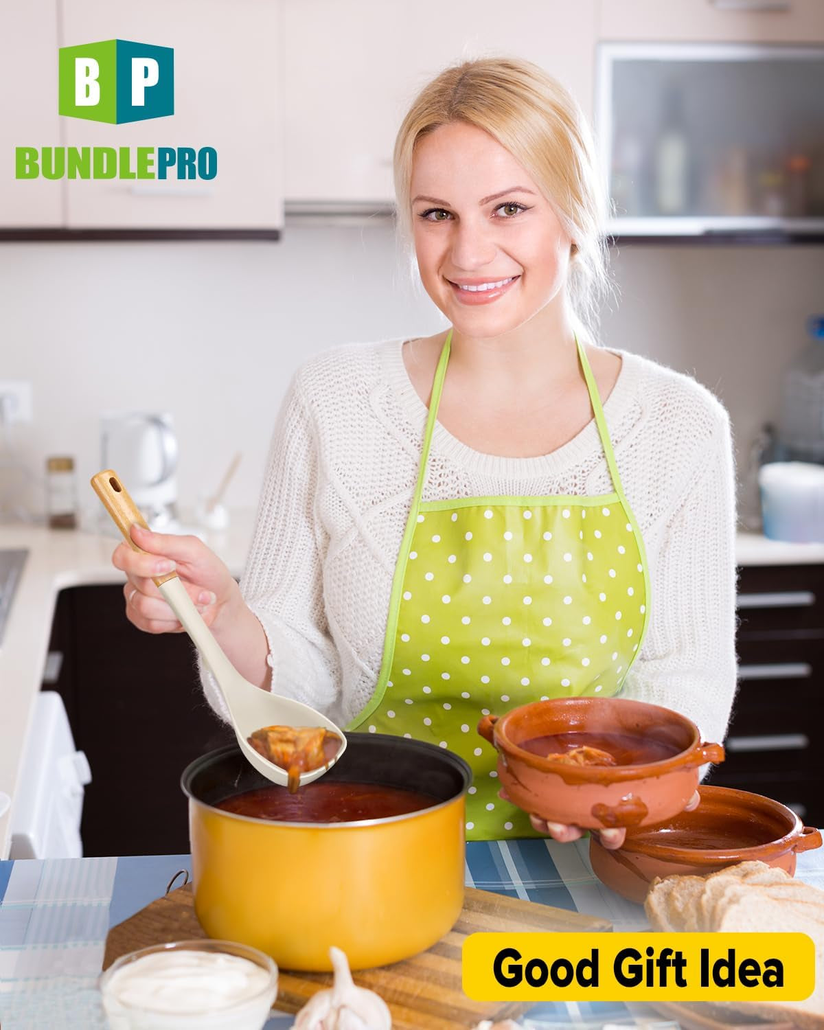 Silicone Soup Ladle and Spaghetti Spoon Set with Wooden Handle, Non Stick Heat Resistant Kitchen Utensils for Cooking, Stirring, Serving Pasta, Soup & Sauce(Khaki)