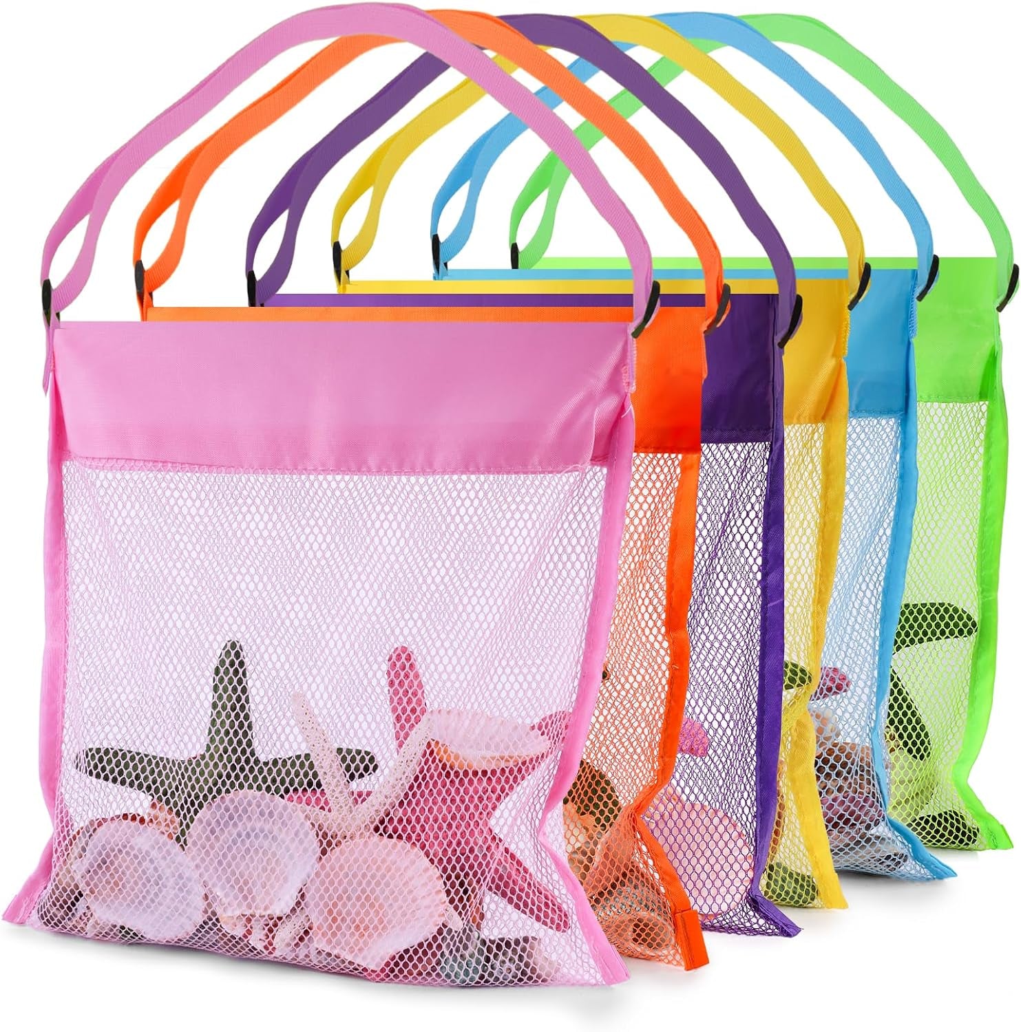 6PCS Mesh Beach Bags for Kids, Colorful Small Seashell Collecting Bags Adjustable Strap for Holding Shell Sand Toy