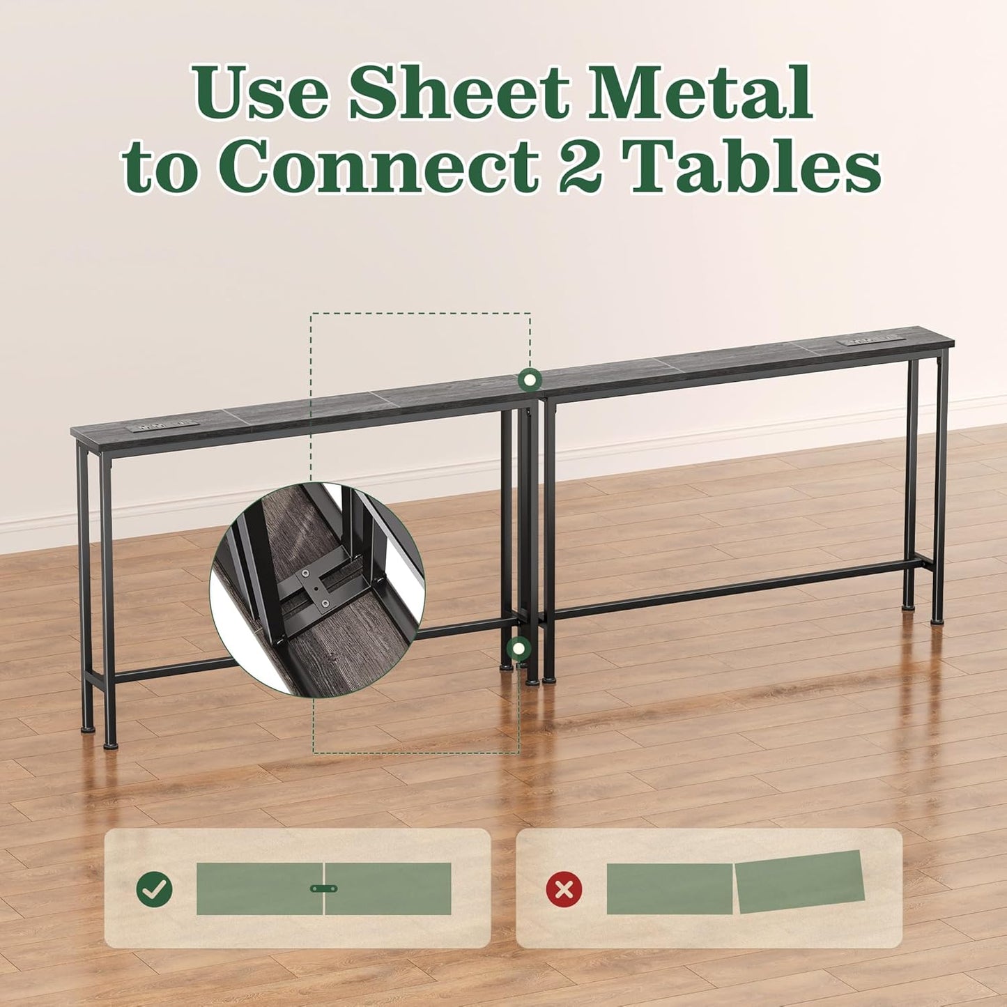 5.9-Inch Console Table with Integrated Charging Station, Sofa Table for Behind Couch, Metal Frame, Charcoal Grey Finish, Dimensions: 5.9 x 39.4 x 29.1 Inches