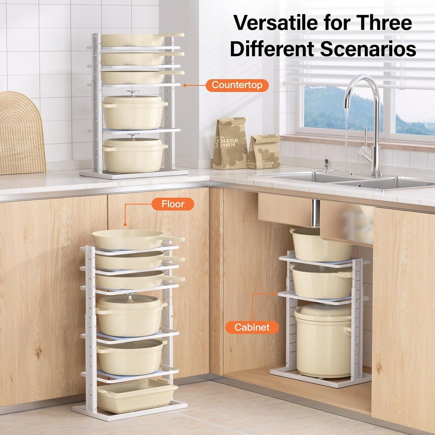 Pots and Pans Organizer for under Cabinet,6-Tier Heavy Duty Adjustable Pan Pot Organizers inside Cabinet, Pot Rack for Kitchen Cabinet Organization and Storage White